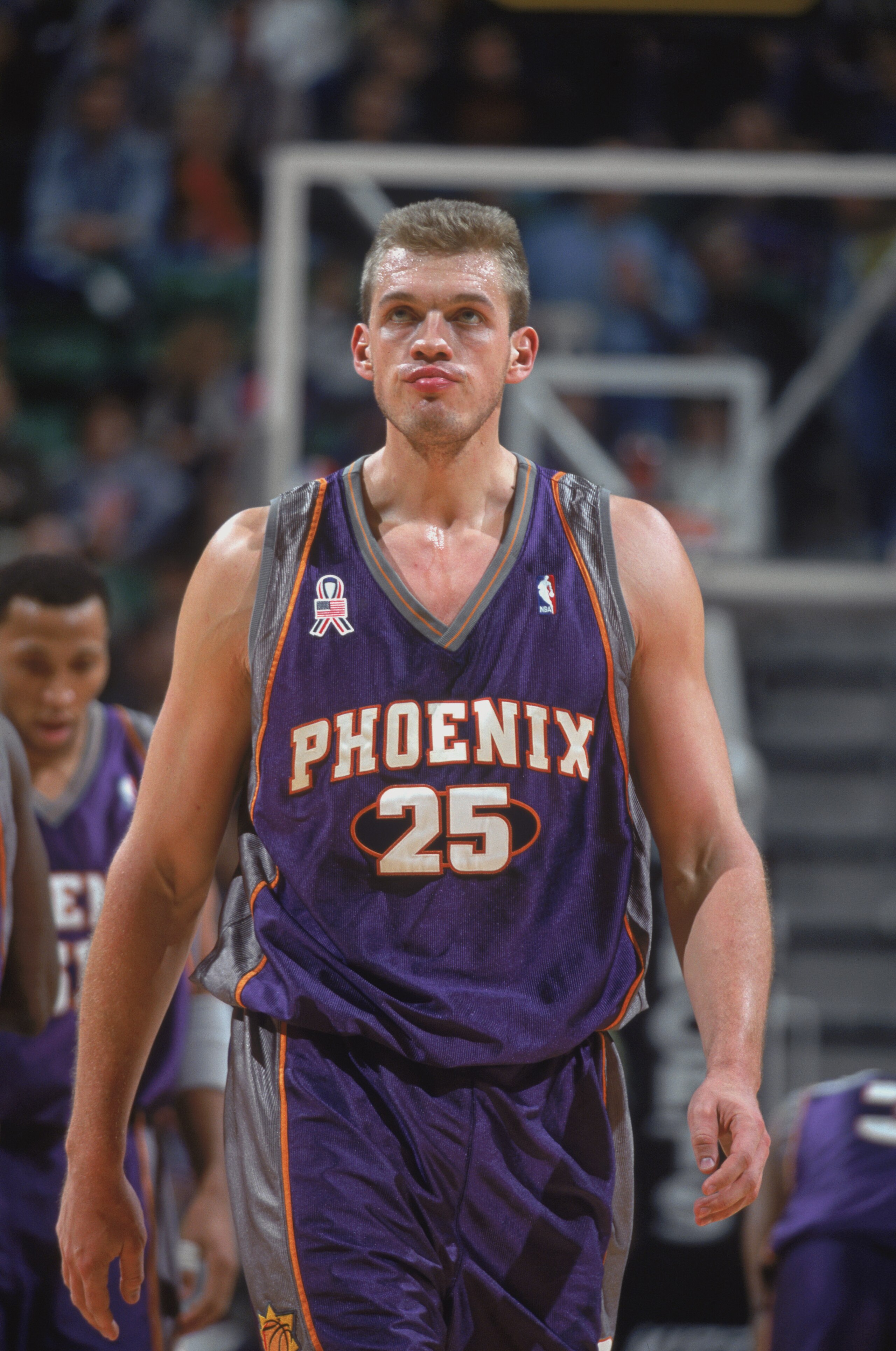 26 Nov 2001:  Jake Tsakalidis #25 of the Phoenix Suns walks on the court during the game against the Utah Jazz at the Delta Center in Salt Lake City, Utah. The Suns defeated the Jazz 111-104..NOTE TO USER: User expressly acknowledges and agrees that, by d
