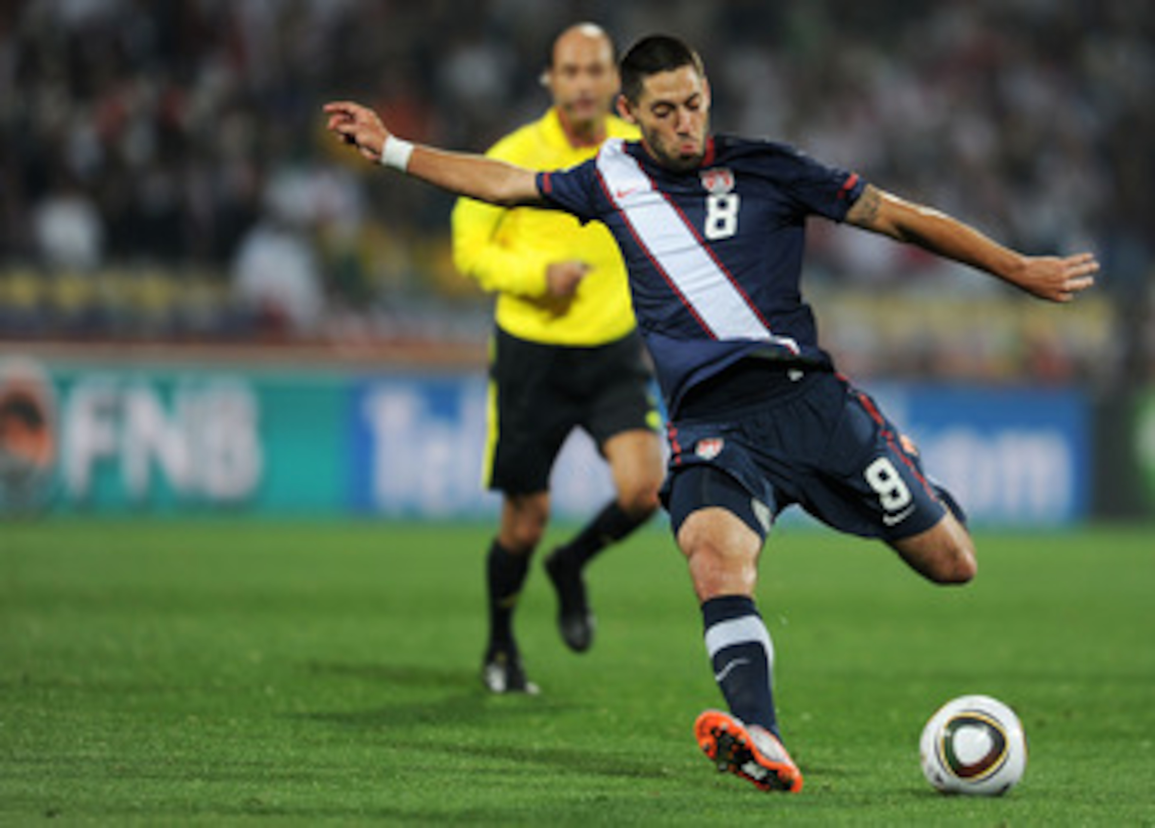 RUSTENBURG, SOUTH AFRICA - JUNE 12: Clint Dempsey of the United States shoots and scores during the 2010 FIFA World Cup South Africa Group C match between England and USA at the Royal Bafokeng Stadium on June 12, 2010 in Rustenburg, South Africa. (Photo RUSTENBURG, SOUTH AFRICA - JUNE 12: Clint Dempsey of the United States shoots and scores during the 2010 FIFA World Cup South Africa Group C match between England and USA at the Royal Bafokeng Stadium on June 12, 2010 in Rustenburg, South Africa. (Photo