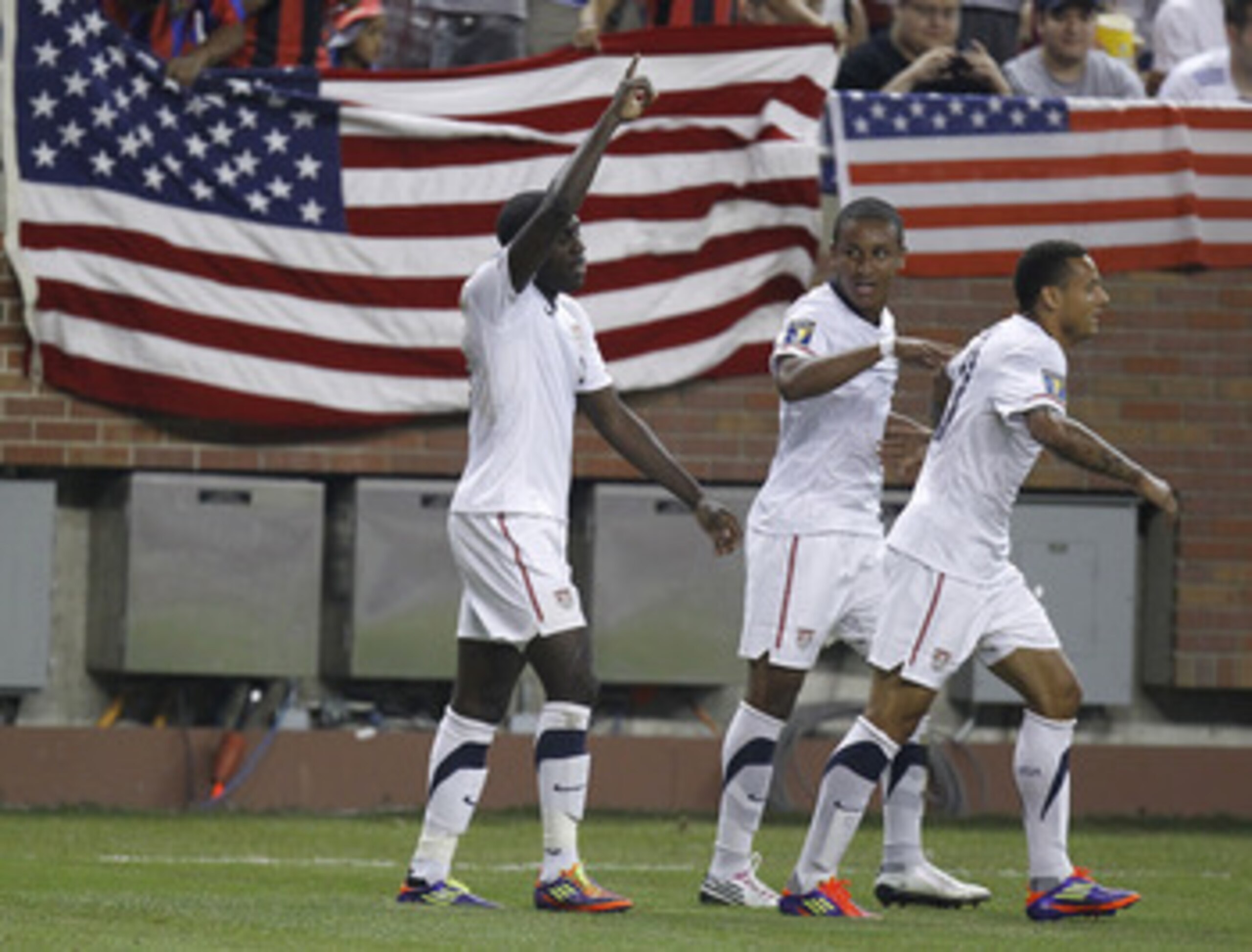 DETROIT, MI - JUNE 7: Jozy Atlidore #17 of the United States celebrates his first half goal with teammates while playing Canada during the 2011 Gold Cup  at Ford Field on June 7, 2011 in Detroit, Michigan. (Photo by Gregory Shamus/Getty Images)