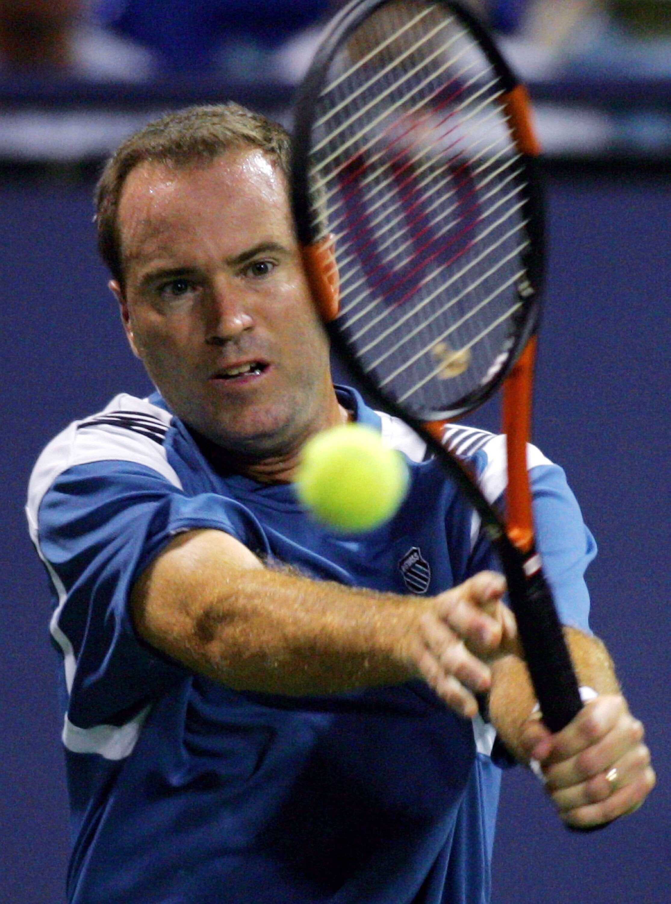 LOS ANGELES - JULY 15:  Rick Leach returns the ball during day 4 of the Mercedes-Benz Cup on July 15, 2004 at the Los Angeles Tennis Center at UCLA in Los Angeles, California.  Leach and Brian Macphie played doubles against Jonathan Erlich and Andy Ram of