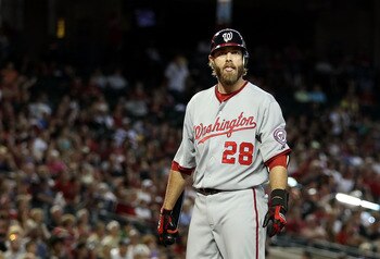 PHOENIX, AZ - JUNE 05:  Jayson Werth #28 of the Washington Nationals looks to his bench as he bats against the Arizona Diamondbacks during the Major League Baseball game at Chase Field on June 5, 2011 in Phoenix, Arizona. The Nationals defeated the Diamon