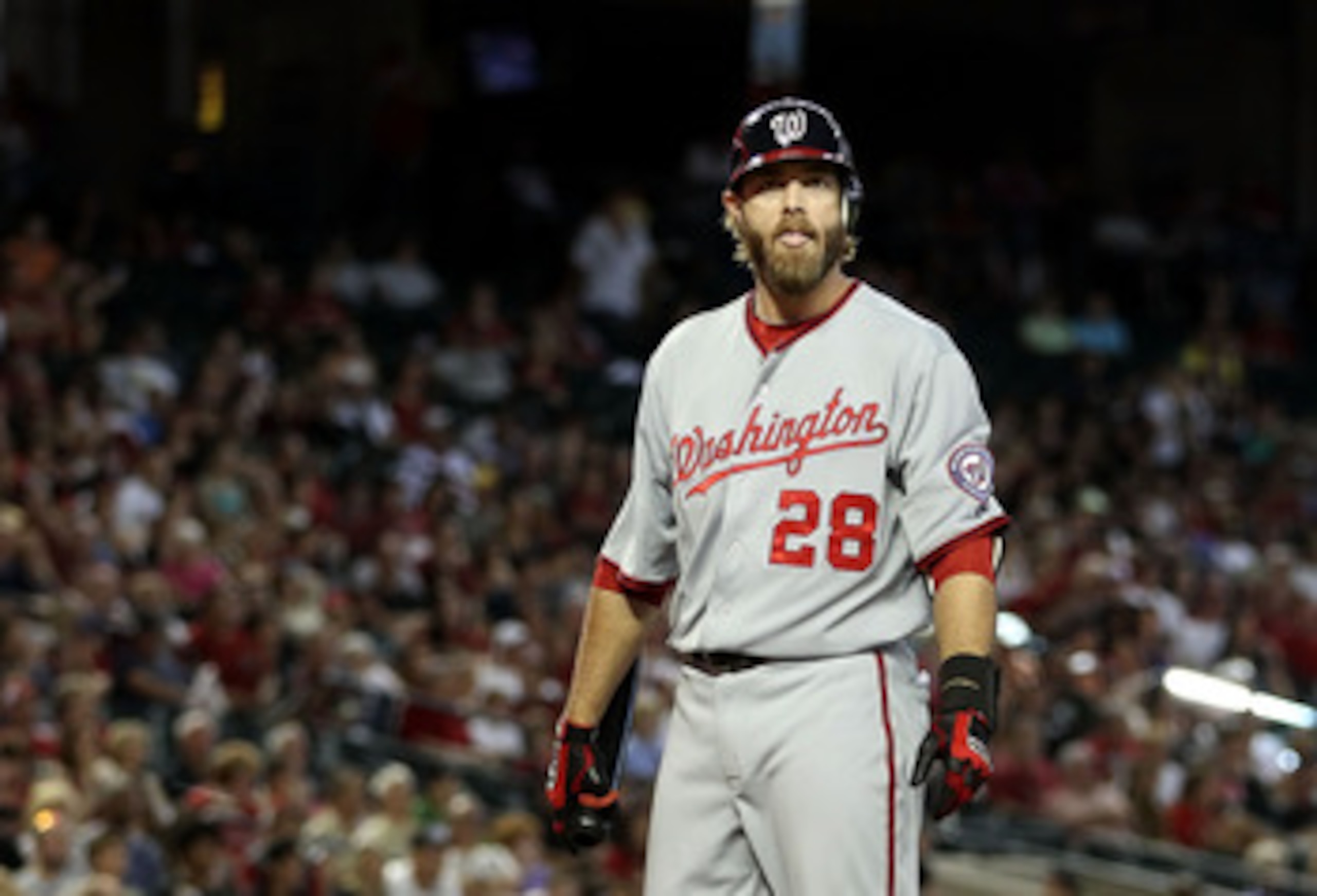 PHOENIX, AZ - JUNE 05:  Jayson Werth #28 of the Washington Nationals looks to his bench as he bats against the Arizona Diamondbacks during the Major League Baseball game at Chase Field on June 5, 2011 in Phoenix, Arizona. The Nationals defeated the Diamon