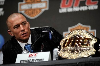 NEW YORK - MARCH 24:  Georges St-Pierre of Montreal, Quebec, Canada speaks at a press conference for UFC 111 at Radio City Music Hall on March 24, 2010 in New York City.  St-Pierre will face Dan Hardy of Nottingham UK in the Welterweight title bout.  (Pho