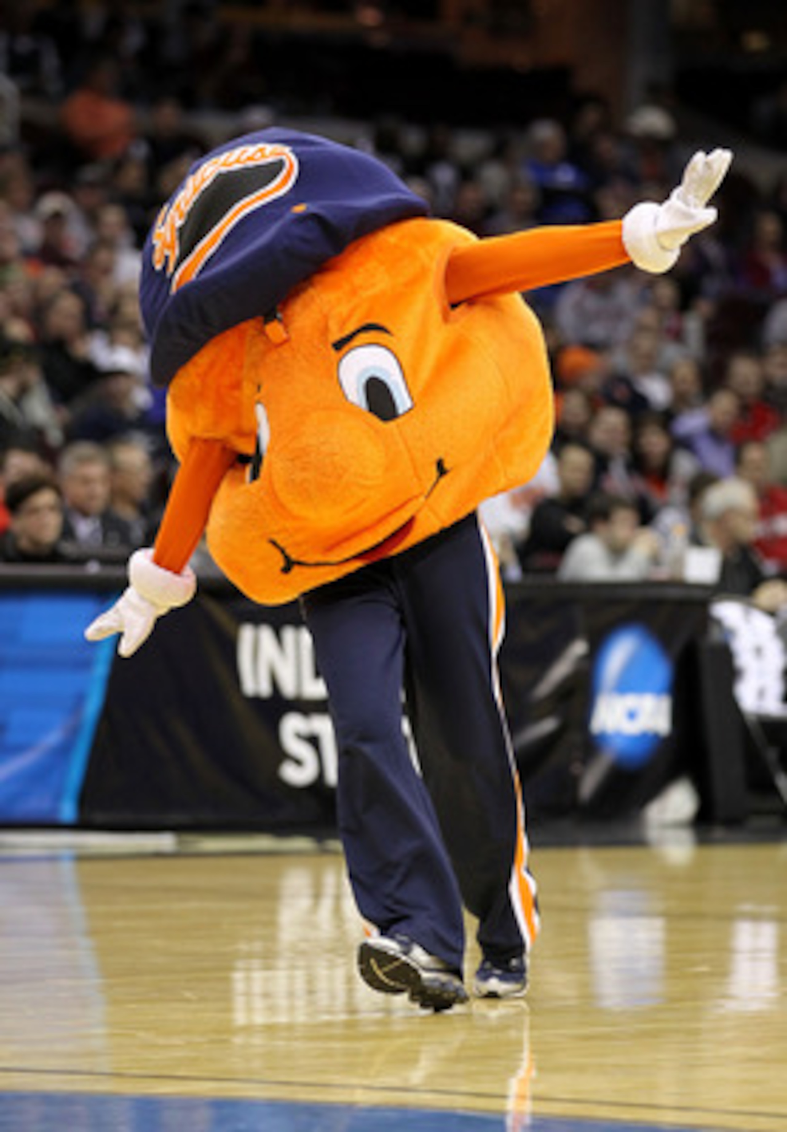CLEVELAND, OH - MARCH 18: The Syracuse Orange mascot walks on the court during the game against the Indiana State Sycamores during the second round of the 2011 NCAA men's basketball tournament at Quicken Loans Arena on March 18, 2011 in Cleveland, Ohio. CLEVELAND, OH - MARCH 18: The Syracuse Orange mascot walks on the court during the game against the Indiana State Sycamores during the second round of the 2011 NCAA men's basketball tournament at Quicken Loans Arena on March 18, 2011 in Cleveland, Ohio.