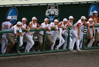 OMAHA, NE - JUNE 24:  The Texas Longhorns bench looks on in the second inning against the Louisiana State University Tigers during Game 3 of the 2009 NCAA College World Series at Rosenblatt Stadium on June 24, 2009 in Omaha, Nebraska. (Photo by Elsa/Getty
