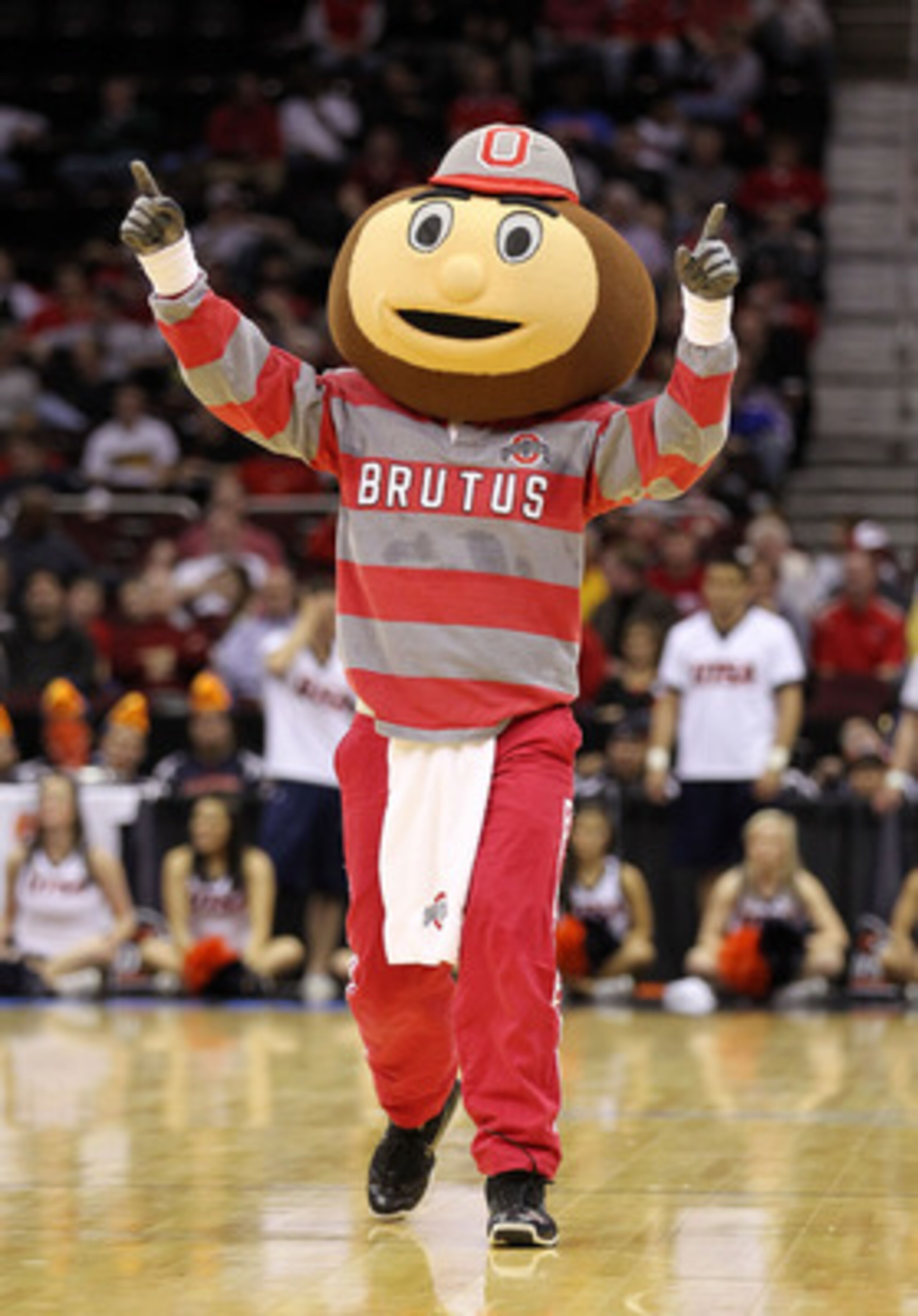 CLEVELAND, OH - MARCH 18: Brutus, the Ohio State Buckeyes mascot walks on the court during the game against the Texas-San Antonio Roadrunners during the second round of the 2011 NCAA men's basketball tournament at Quicken Loans Arena on March 18, 2011 in CLEVELAND, OH - MARCH 18: Brutus, the Ohio State Buckeyes mascot walks on the court during the game against the Texas-San Antonio Roadrunners during the second round of the 2011 NCAA men's basketball tournament at Quicken Loans Arena on March 18, 2011 in