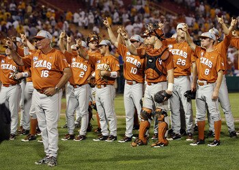OMAHA, NE - JUNE 23:  The Texas Longhorns celebrate the win with fans after they defeated the Louisiana State University Tigers in Game 2 of the 2009 NCAA College World Series at Rosenblatt Stadium on June 23, 2009 in Omaha, Nebraska. The Longhorns defeat