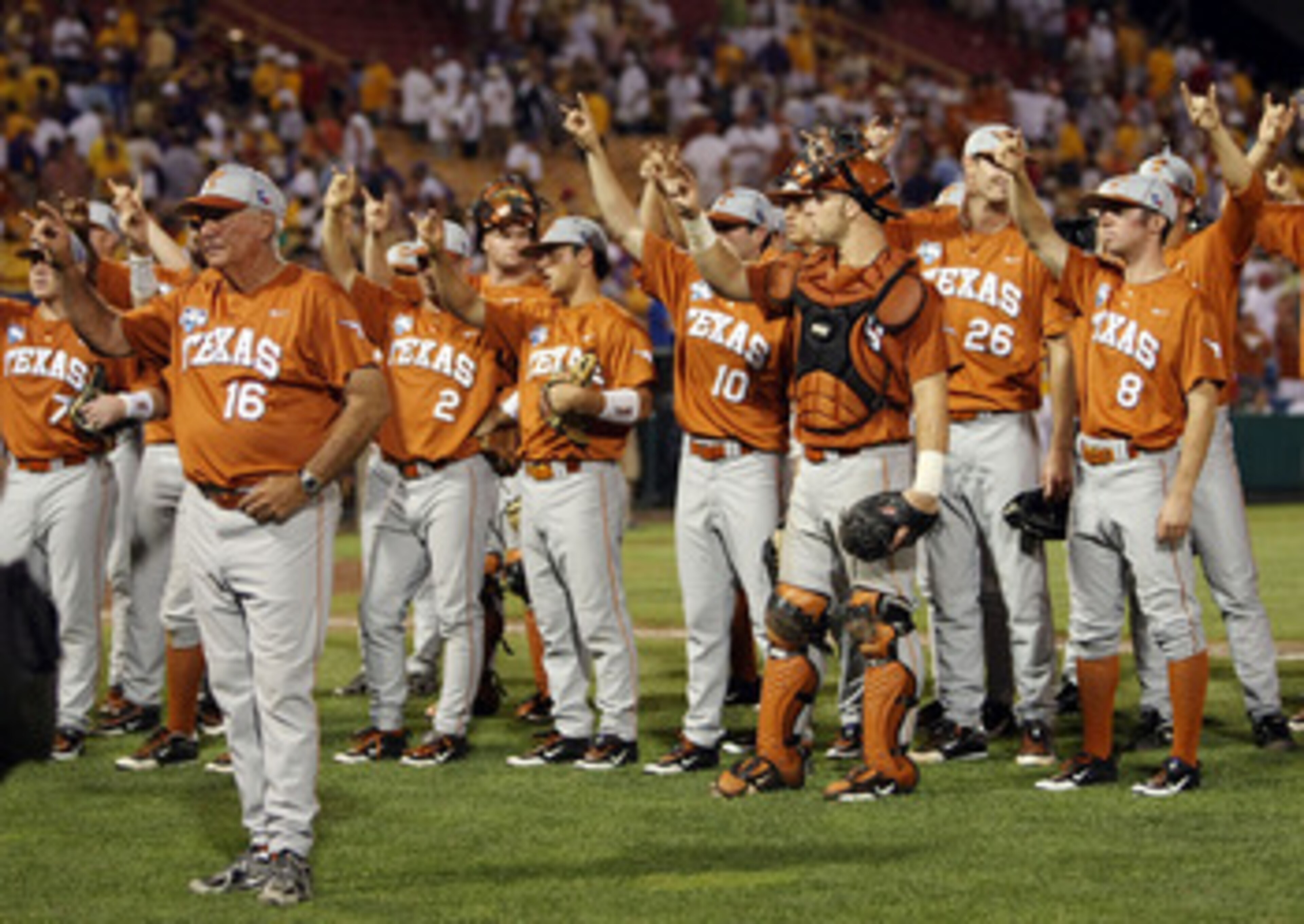 OMAHA, NE - JUNE 23: The Texas Longhorns celebrate the win with fans after they defeated the Louisiana State University Tigers in Game 2 of the 2009 NCAA College World Series at Rosenblatt Stadium on June 23, 2009 in Omaha, Nebraska. The Longhorns defeat OMAHA, NE - JUNE 23: The Texas Longhorns celebrate the win with fans after they defeated the Louisiana State University Tigers in Game 2 of the 2009 NCAA College World Series at Rosenblatt Stadium on June 23, 2009 in Omaha, Nebraska. The Longhorns defeat