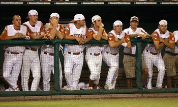 OMAHA, NE - JUNE 24:  The Texas Longhorns watch as the Louisiana State University Tigers celebrate after Game 3 of the 2009 NCAA College World Series at Rosenblatt Stadium on June 24, 2009 in Omaha, Nebraska. The Tigers defeated the Longhorns 11-4 to win 