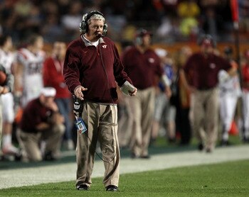 MIAMI, FL - JANUARY 03: Head coach Frank Beamer of the Virginia Tech Hokies looks on against the Stanford Cardinal during the 2011 Discover Orange Bowl at Sun Life Stadium on January 3, 2011 in Miami, Florida. Stanford won 40-12. (Photo by Streeter Lecka/