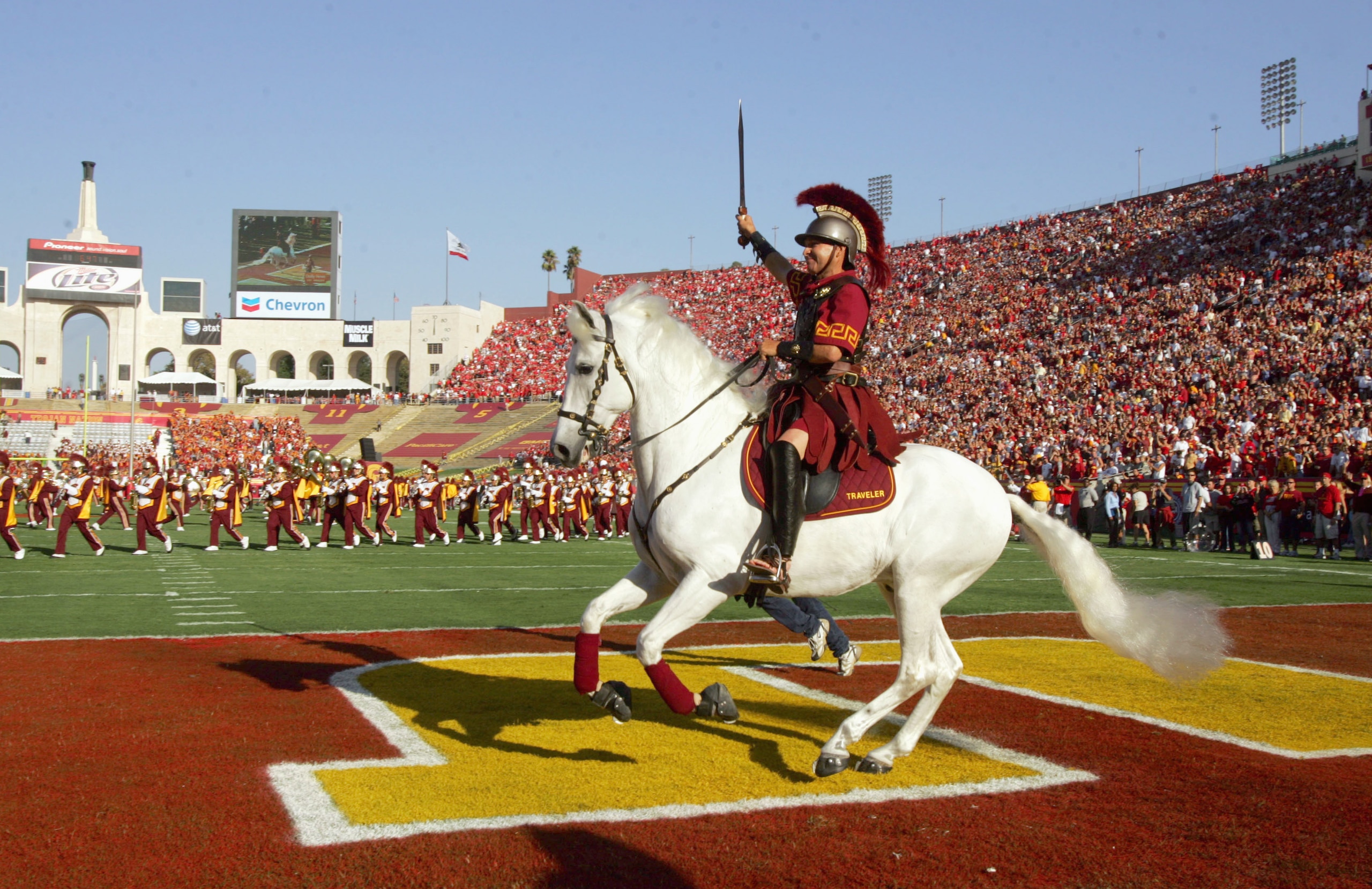 LOS ANGELES - SEPTEMBER 16:  Traveler, mascot of the USC Trojans runs on the field before the game against the Nebraska Cornhuskers on September 16, 2006 at the Los Angeles Memorial Coliseum in Los Angeles, California. (Photo by Stephen Dunn/Getty Images)
