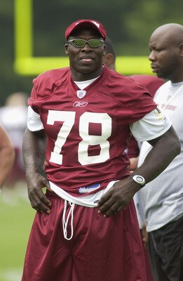 ASHBURN, VA - JULY 28:  Defensive End Bruce Smith  #78 of the Washington Redskins looks on during the first day of training camp on July 28, 2003 at Redskin Park in Ashburn, Virginia. (Photo by Greg Fiume/Getty Images)