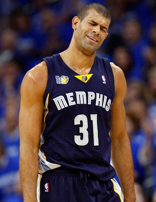OKLAHOMA CITY, OK - MAY 03:  Forward Shane Battier #31 of the Memphis Grizzlies reacts during a 111-102 loss against the Oklahoma City Thunder in Game Two of the Western Conference Semifinals in the 2011 NBA Playoffs on May 3, 2011 at Oklahoma City Arena