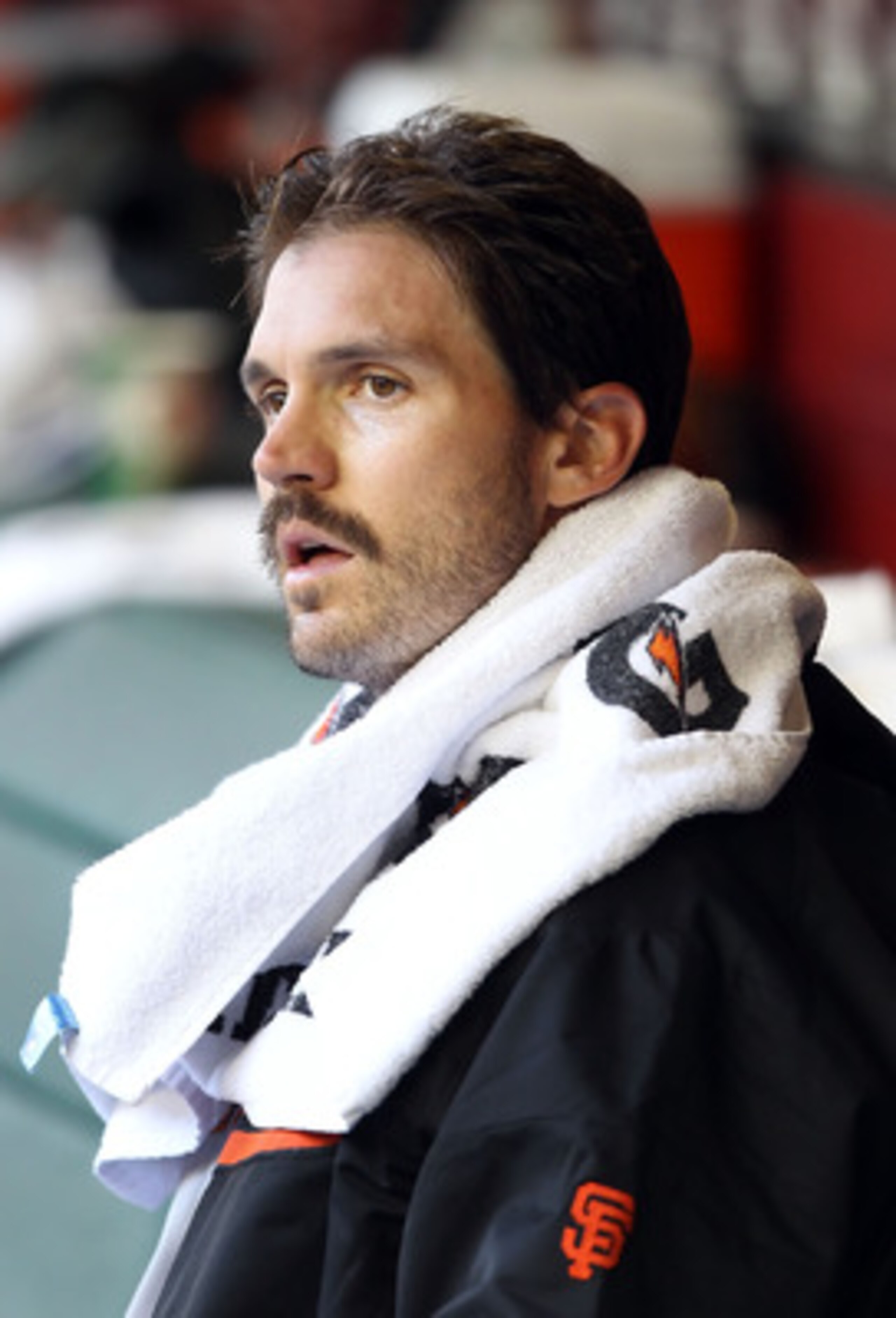 PHOENIX, AZ - APRIL 16:  Starting pitcher Barry Zito #75 of the San Francisco Giants sits in the dugout before the Major League Baseball game against the Arizona Diamondbacks at Chase Field on April 16, 2011 in Phoenix, Arizona.  (Photo by Christian Peter
