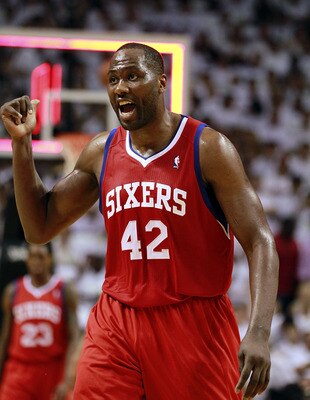 MIAMI, FL - APRIL 16: Forward Elton Brand #42 of the Philadelphia 76ers shouts during a game against the Maim Heat at the American Airlines Arena in game one of the Eastern Conference Quarterfinals in the 2011 NBA Playoffs on April 16, 2011 in Miami, Flor