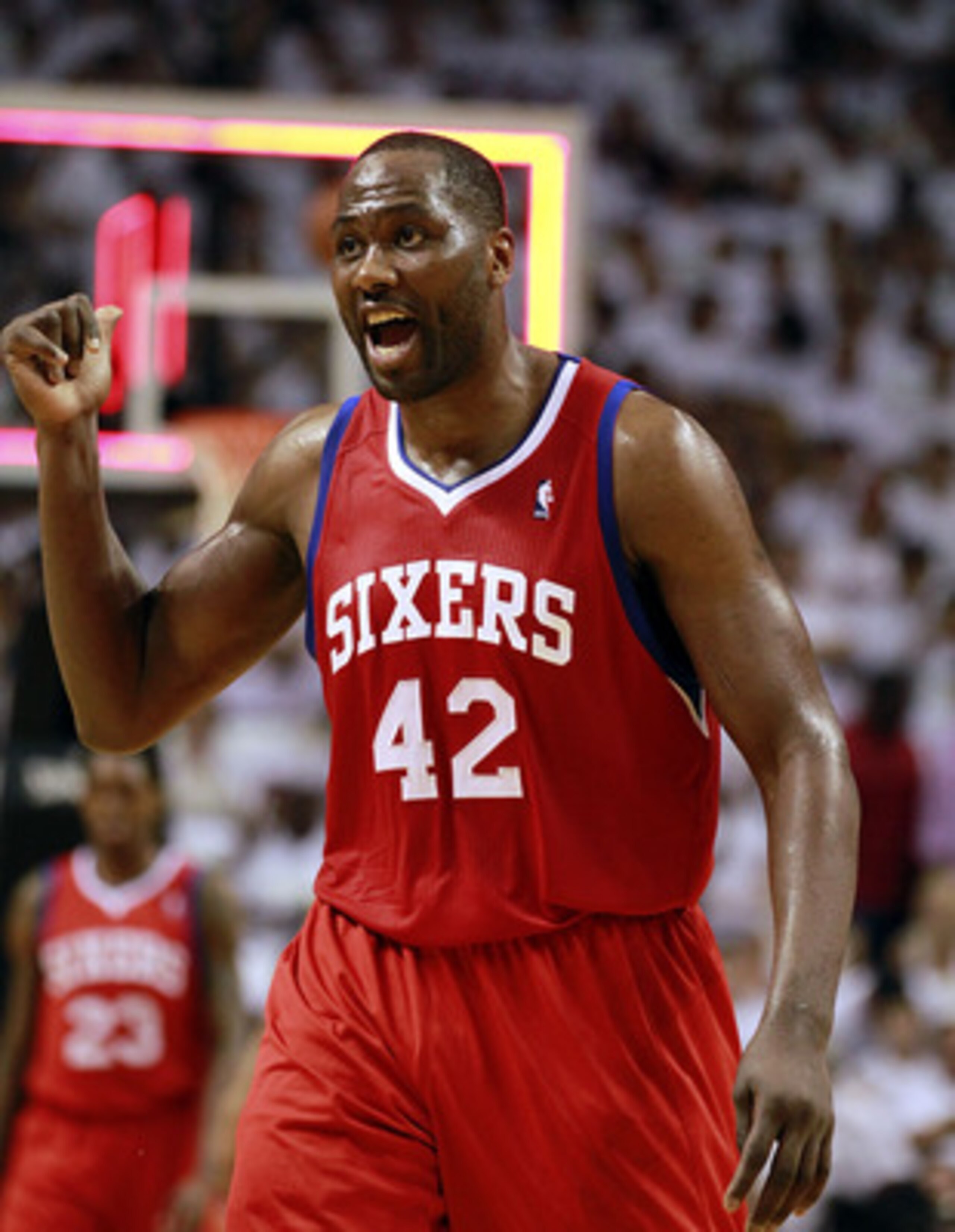 MIAMI, FL - APRIL 16: Forward Elton Brand #42 of the Philadelphia 76ers shouts during a game against the Maim Heat at the American Airlines Arena in game one of the Eastern Conference Quarterfinals in the 2011 NBA Playoffs on April 16, 2011 in Miami, Flor