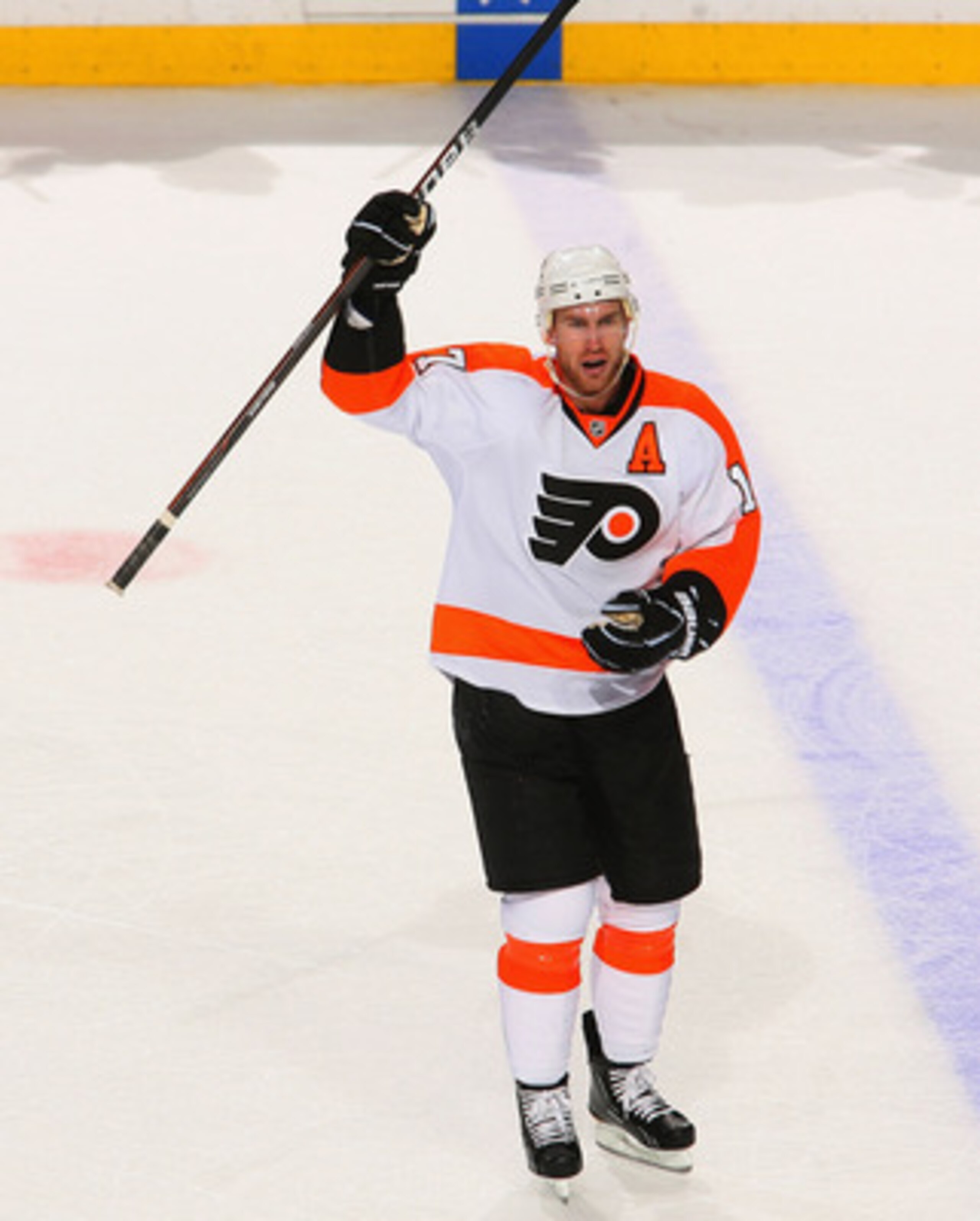 BUFFALO, NY - APRIL 18: Jeff Carter #17 of the Philadelphia Flyers reacts after Kimmo Timonen #44 scored an empty net goal aginst the Buffalo Sabres  in Game Three of the Eastern Conference Quarterfinals during the 2011 NHL Stanley Cup Playoffs at HSBC Ar