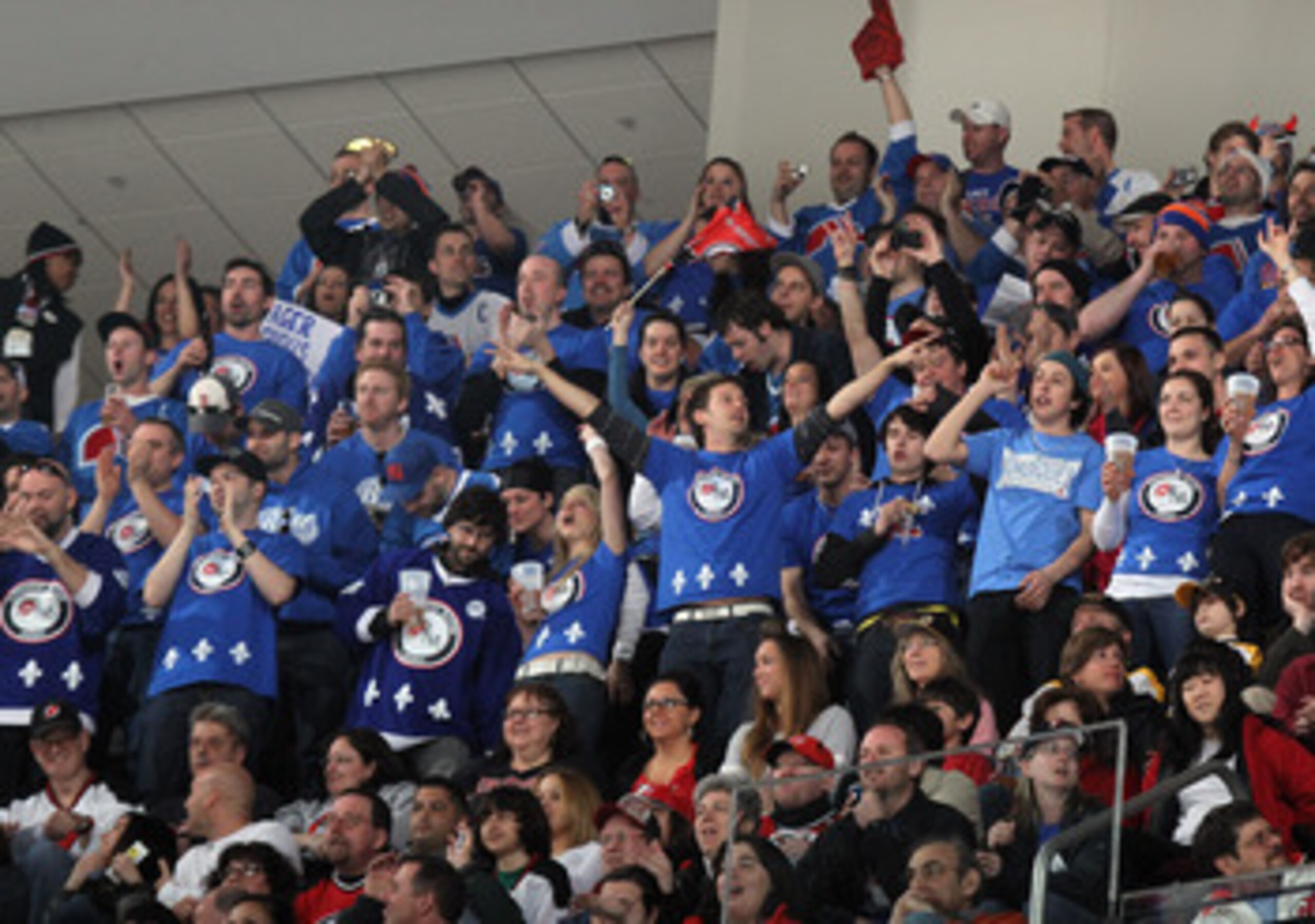 NEWARK, NJ - APRIL 10:  Members of the 'Nordiques Nation' converge on Prudential Center prior to the game between the New Jersey Devils and the Boston Bruins on April 10, 2011 in Newark, New Jersey.  (Photo by Bruce Bennett/Getty Images)
