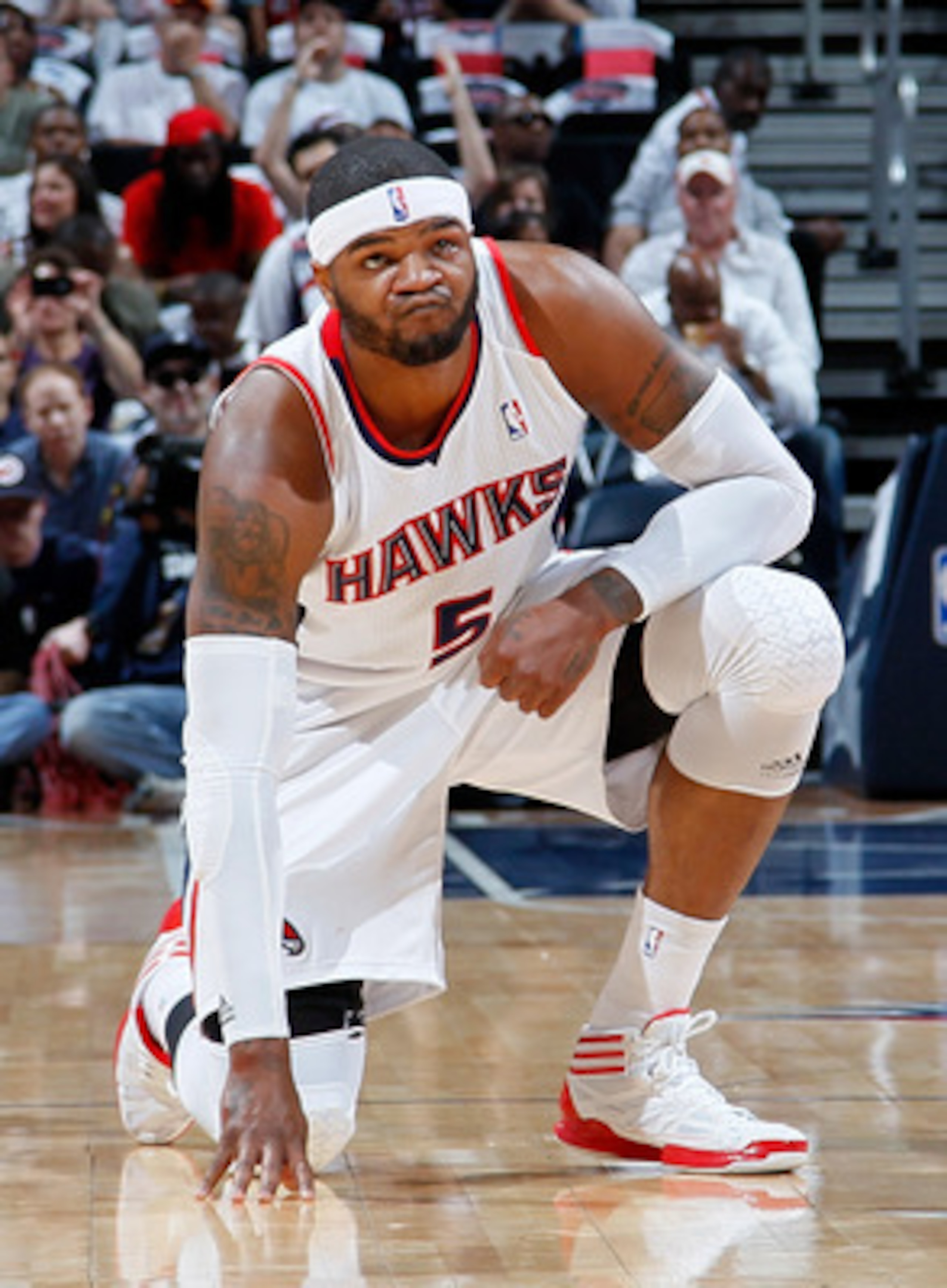 ATLANTA, GA - APRIL 24: Josh Smith #5 of the Atlanta Hawks against the Orlando Magic during Game Four of the Eastern Conference Quarterfinals in the 2011 NBA Playoffs at Philips Arena on April 24, 2011 in Atlanta, Georgia. NOTE TO USER: User expressly a ATLANTA, GA - APRIL 24: Josh Smith #5 of the Atlanta Hawks against the Orlando Magic during Game Four of the Eastern Conference Quarterfinals in the 2011 NBA Playoffs at Philips Arena on April 24, 2011 in Atlanta, Georgia. NOTE TO USER: User expressly a