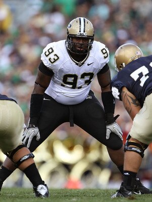 SOUTH BEND, IN - SEPTEMBER 04: Kawann Short #93 of the Purdue Boilermakers awaits the start of play against the Notre Dame Fighting Irish at Notre Dame Stadium on September 4, 2010 in South Bend, Indiana. Notre Dame defeated Purdue 23-12. (Photo by Jonath