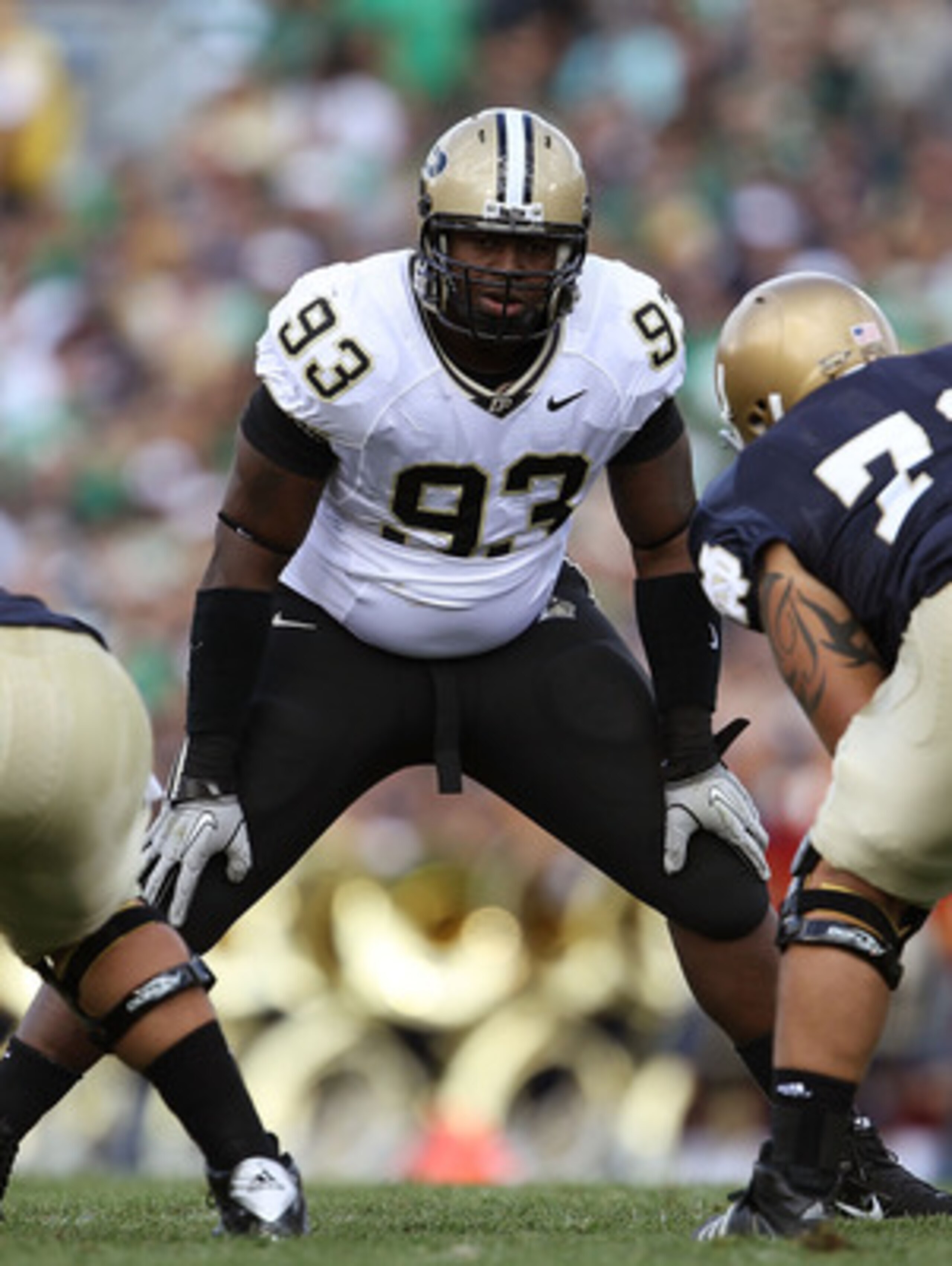 SOUTH BEND, IN - SEPTEMBER 04: Kawann Short #93 of the Purdue Boilermakers awaits the start of play against the Notre Dame Fighting Irish at Notre Dame Stadium on September 4, 2010 in South Bend, Indiana. Notre Dame defeated Purdue 23-12. (Photo by Jonath SOUTH BEND, IN - SEPTEMBER 04: Kawann Short #93 of the Purdue Boilermakers awaits the start of play against the Notre Dame Fighting Irish at Notre Dame Stadium on September 4, 2010 in South Bend, Indiana. Notre Dame defeated Purdue 23-12. (Photo by Jonath