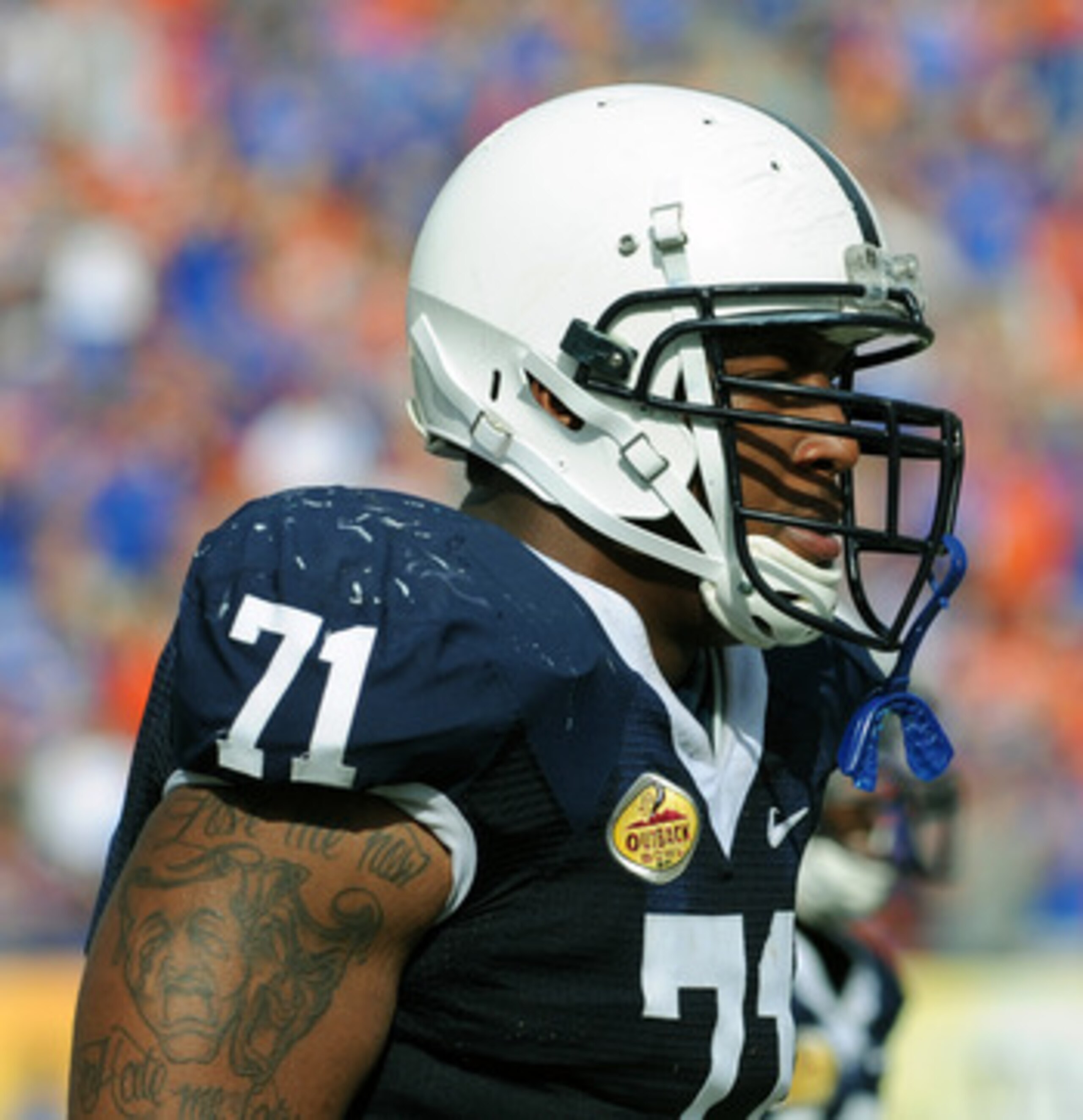 TAMPA, FL - JANUARY 1: Defensive tackle Devon Still $71 of the Penn State Nittany Lions sets for play against the Florida Gators January 1, 2010 in the 25th Outback Bowl at Raymond James Stadium in Tampa, Florida. (Photo by Al Messerschmidt/Getty Images TAMPA, FL - JANUARY 1: Defensive tackle Devon Still $71 of the Penn State Nittany Lions sets for play against the Florida Gators January 1, 2010 in the 25th Outback Bowl at Raymond James Stadium in Tampa, Florida. (Photo by Al Messerschmidt/Getty Images