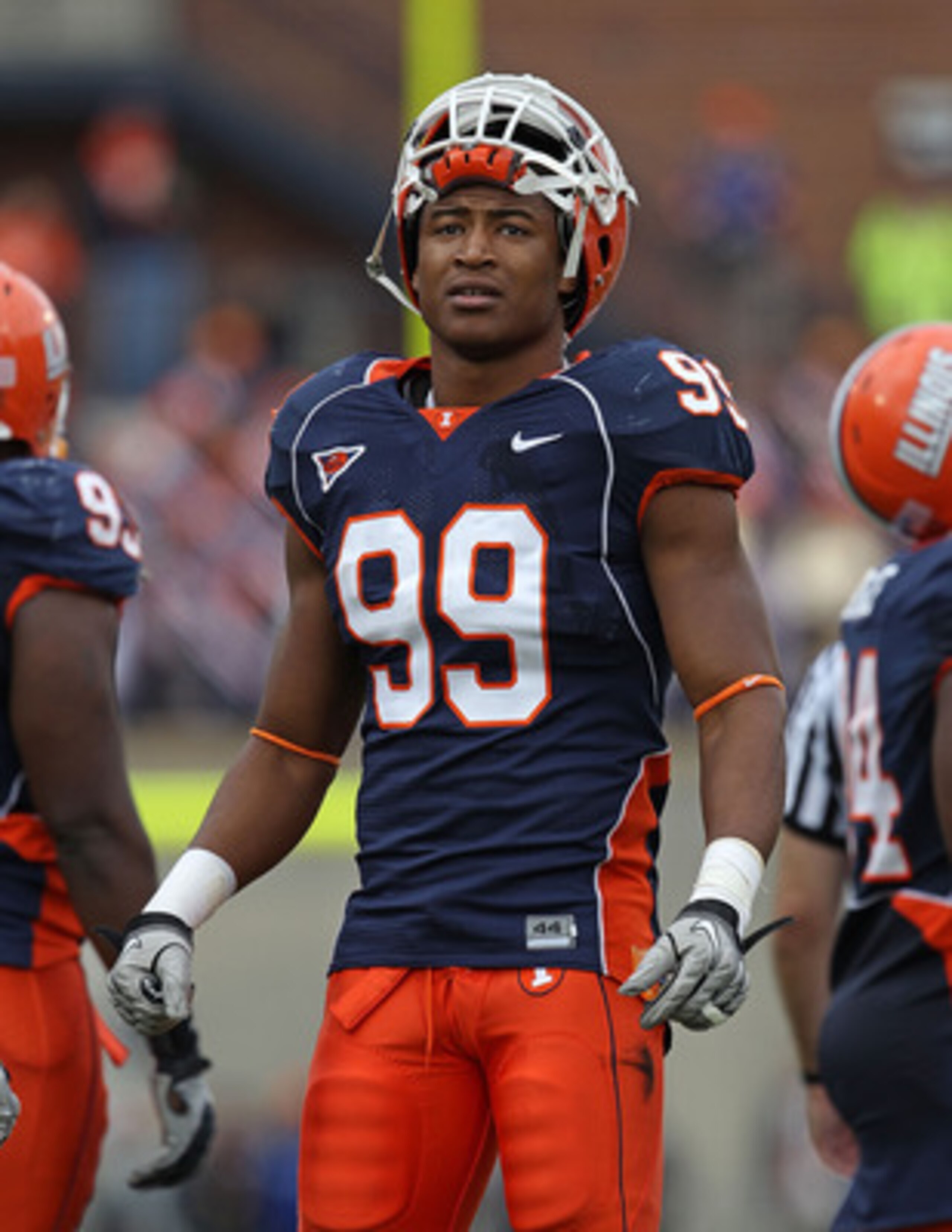 CHAMPAIGN, IL - OCTOBER 02: Michael Buchanan #99 of the Illinois Fighting Illini waits during a replay time-out against the Ohio State Buckeyes at Memorial Stadium on October 2, 2010 in Champaign, Illinois. Ohio State defeated Illinois 24-13. (Photo by Jo CHAMPAIGN, IL - OCTOBER 02: Michael Buchanan #99 of the Illinois Fighting Illini waits during a replay time-out against the Ohio State Buckeyes at Memorial Stadium on October 2, 2010 in Champaign, Illinois. Ohio State defeated Illinois 24-13. (Photo by Jo
