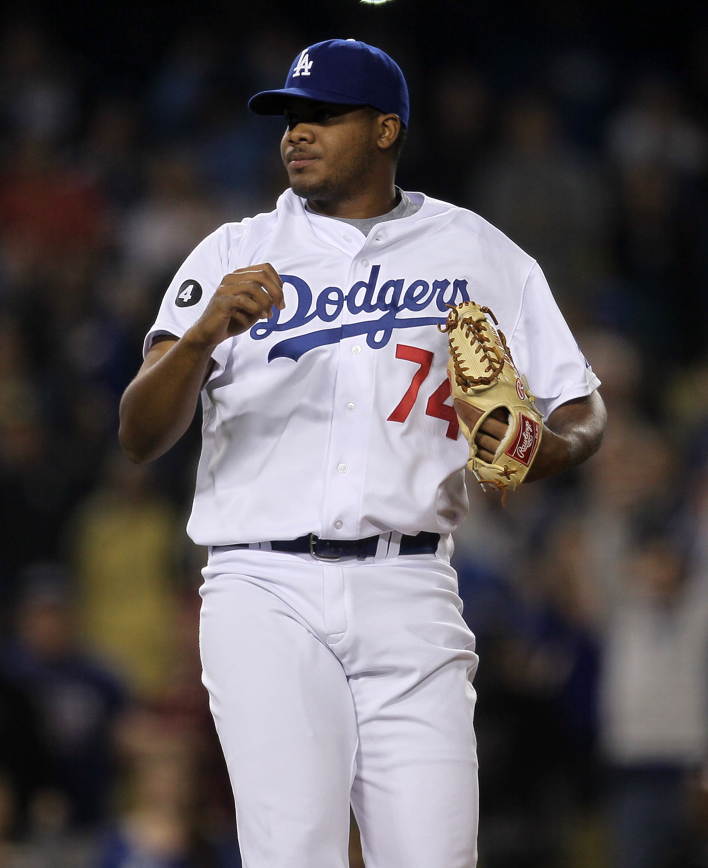 LOS ANGELES - MAY 13:   Relief pitcher Kenley Jansen #74 of the Los Angeles Dodgers reacts after getting a strikeout to end the game and pick up a save against the Arizona Diamondbacks on May 13, 2011 at Dodger Stadium in Los Angeles, California. The Dodg