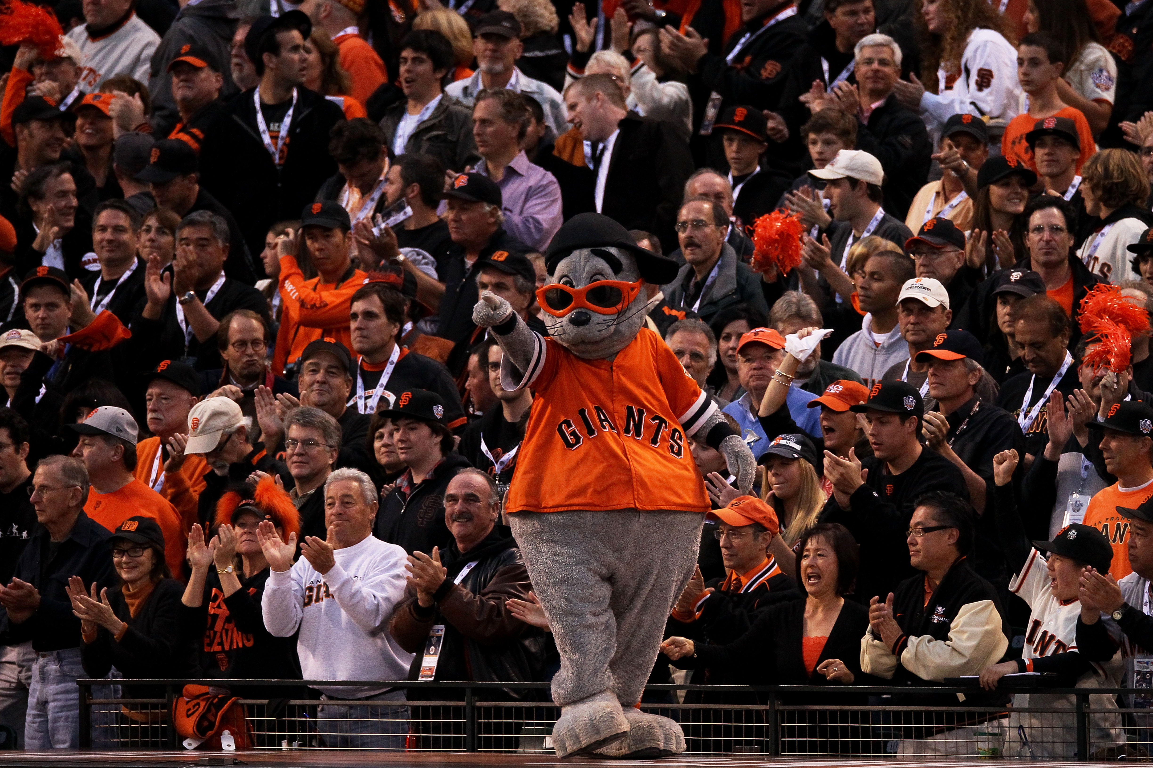 SAN FRANCISCO - OCTOBER 27:  The San Francisco Giants mascot Lou Seal performs during Game One of the 2010 MLB World Series at AT&T Park on October 27, 2010 in San Francisco, California.  (Photo by Elsa/Getty Images)