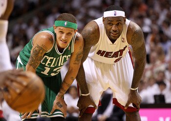 MIAMI, FL - MAY 03:  LeBron James #6 of the Miami Heat talks with Delonte West #13 of  the Boston Celtics during Game Two of the Eastern Conference Semifinals of the 2011 NBA Playoffs at American Airlines Arena on May 3, 2011 in Miami, Florida. NOTE TO US