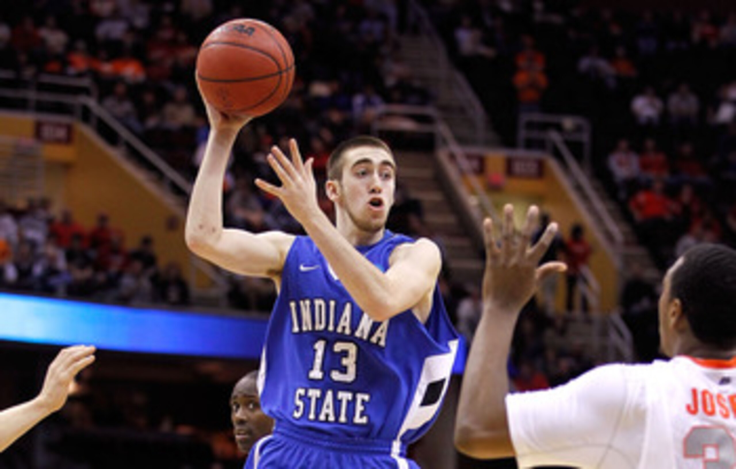 CLEVELAND, OH - MARCH 18:  Jake Odum #13 of the Indiana State Sycamores looks to pass against the Syracuse Orange during the second round of the 2011 NCAA men's basketball tournament at Quicken Loans Arena on March 18, 2011 in Cleveland, Ohio.  (Photo by