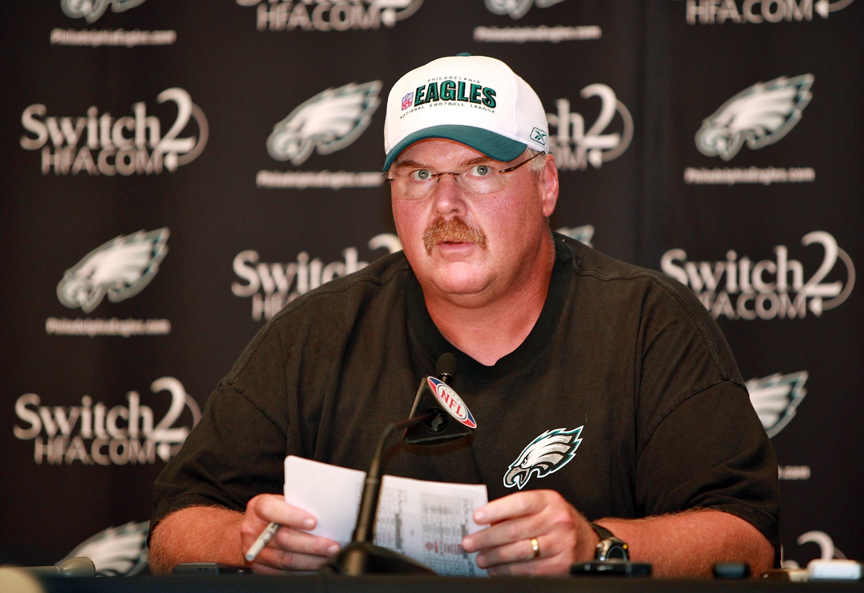 PHILADELPHIA - AUGUST 15:  Head coach Andy Reid of the Philadelphia Eagles speaks at a press conference regarding Michael Vick at the NovaCare Complex on August 15, 2009 in Philadelphia, Pennsylvania.  (Photo by Len Redkoles/Getty Images)