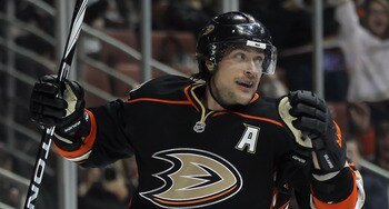 ANAHEIM, CA - JANUARY 16:  Teemu Selanne #8 of the Anaheim Ducks celebrates a goal against the Edmonton Oilers in the first period at the Honda Center on January 16, 2011 in Anaheim, California.  (Photo by Jeff Gross/Getty Images)