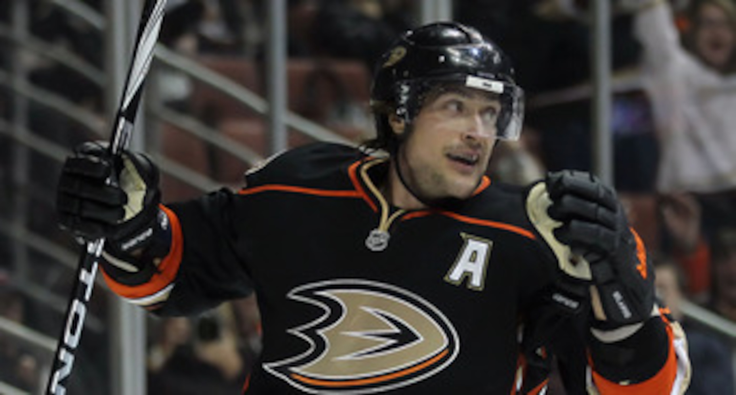 ANAHEIM, CA - JANUARY 16:  Teemu Selanne #8 of the Anaheim Ducks celebrates a goal against the Edmonton Oilers in the first period at the Honda Center on January 16, 2011 in Anaheim, California.  (Photo by Jeff Gross/Getty Images)