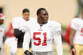 SANTA CLARA, CA - AUGUST 02:  Takeo Spikes #51 works out during the San Francisco 49ers training camp at their training complex on August 2, 2010 in Santa Clara, California.  (Photo by Ezra Shaw/Getty Images)