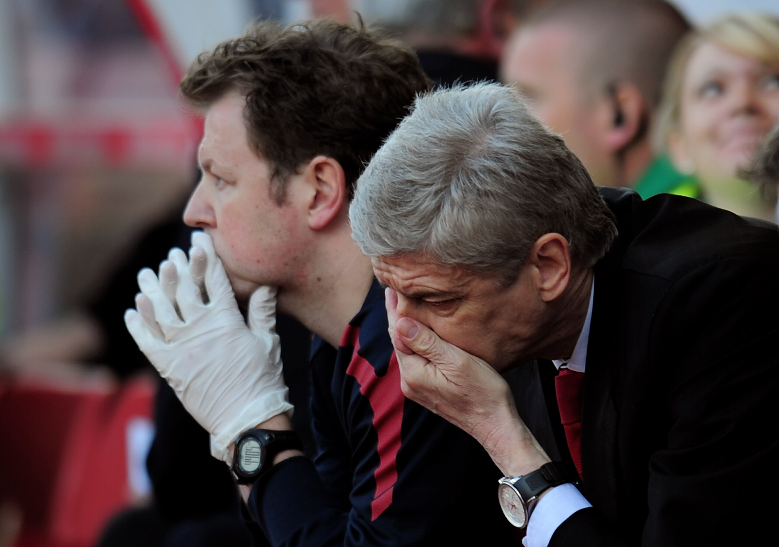 STOKE ON TRENT, ENGLAND - MAY 08: A dejected Arsene Wenger the Arsenal manager holds his head in his hands as his team head towards a 3-1 defeat during the Barclays Premier League match between Stoke City and Arsenal at the Britannia Stadium on May 8, 20 STOKE ON TRENT, ENGLAND - MAY 08: A dejected Arsene Wenger the Arsenal manager holds his head in his hands as his team head towards a 3-1 defeat during the Barclays Premier League match between Stoke City and Arsenal at the Britannia Stadium on May 8, 20