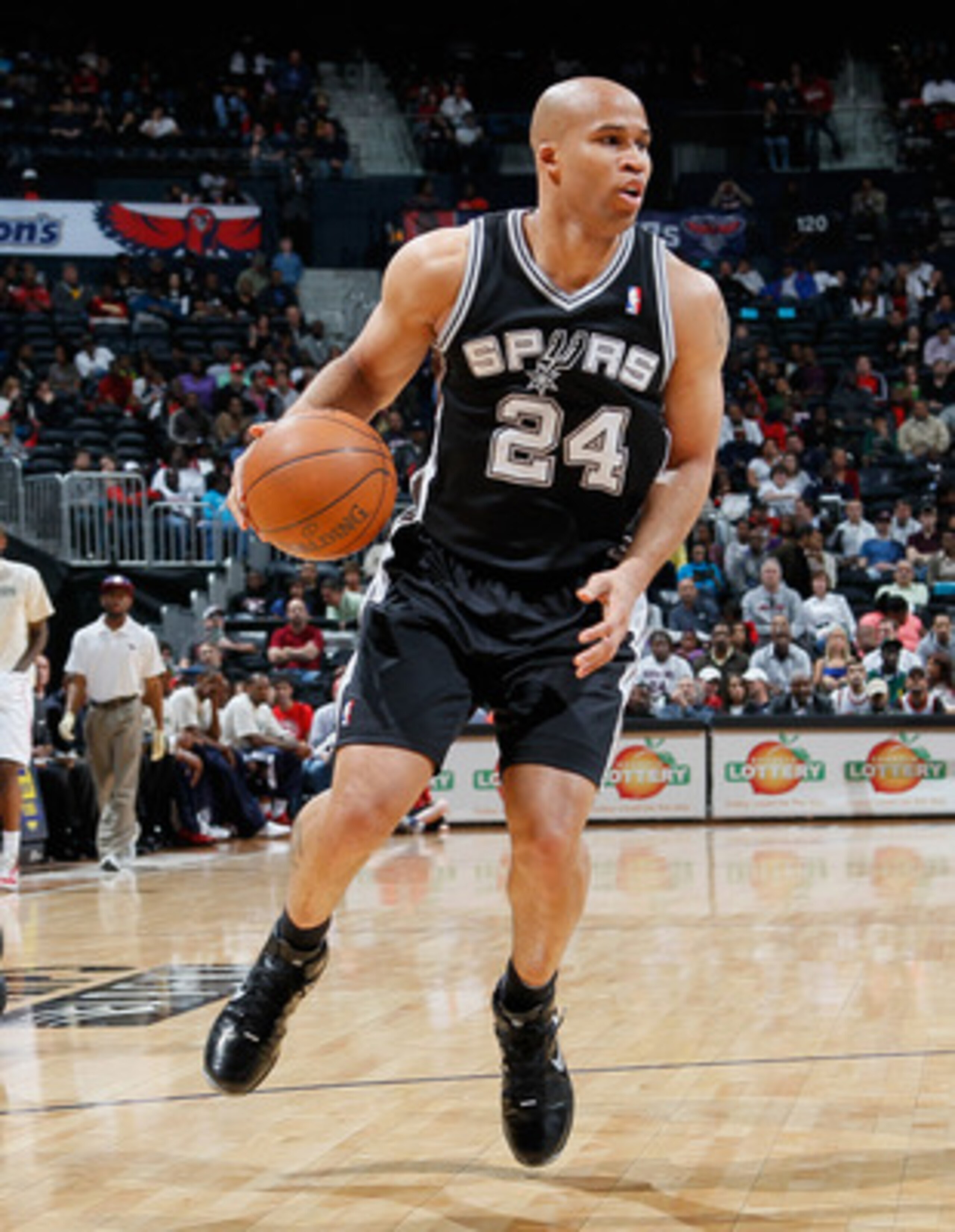 ATLANTA, GA - APRIL 05:  Richard Jefferson #24 of the San Antonio Spurs against the Atlanta Hawks at Philips Arena on April 5, 2011 in Atlanta, Georgia.  NOTE TO USER: User expressly acknowledges and agrees that, by downloading and/or using this Photograp