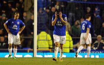 LIVERPOOL, ENGLAND - NOVEMBER 27:  Tim Cahill of Everton looks dejected during the Barclays Premier League match between Everton and West Bromwich Albion at Goodison Park on November 27, 2010 in Liverpool, England.  (Photo by Chris Brunskill/Getty Images)