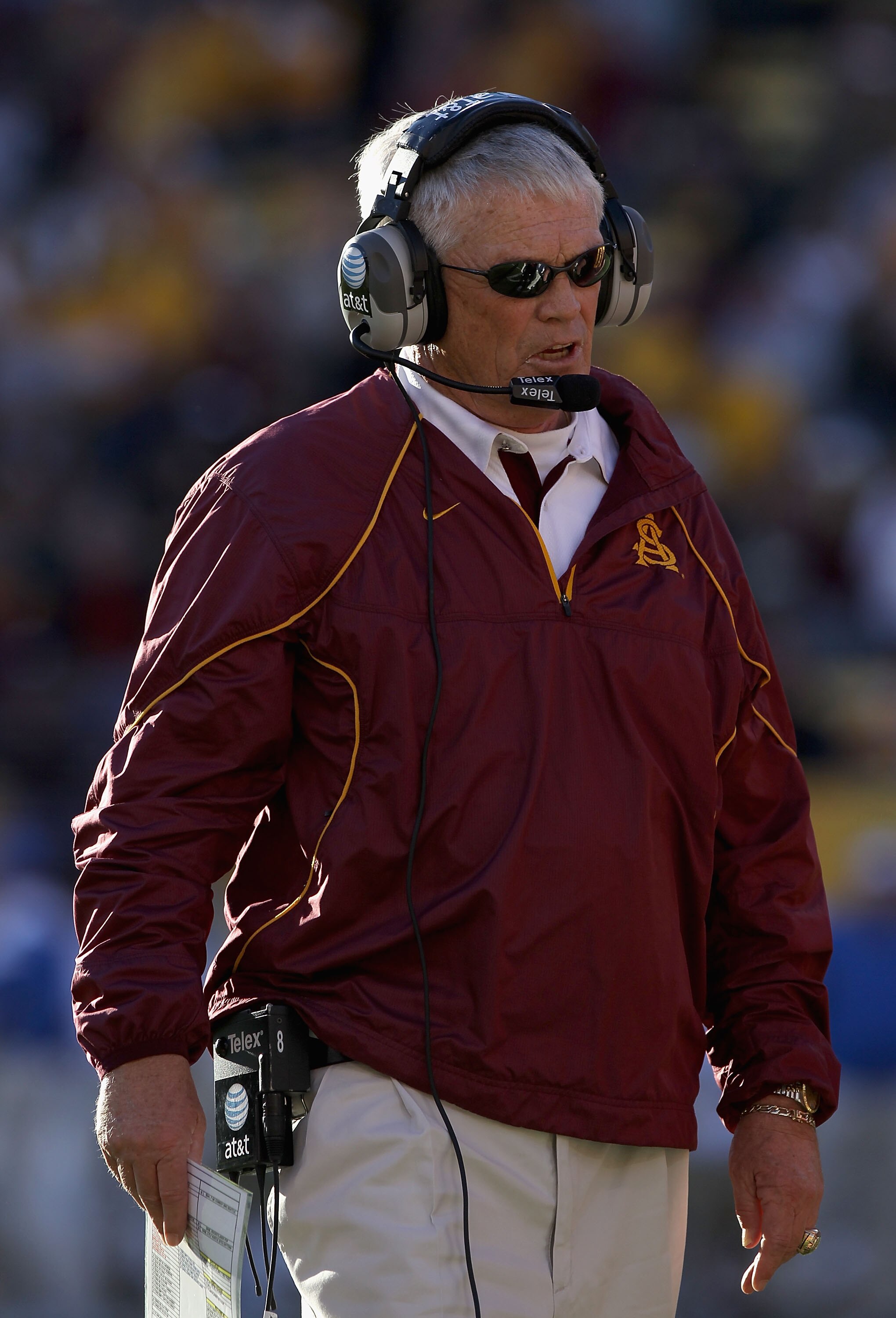 TEMPE, AZ - NOVEMBER 26:  Head coach Dennis Erickson of the Arizona State Sun Devils watches from the sidelines during the college football game against the UCLA Bruins at Sun Devil Stadium on November 26, 2010 in Tempe, Arizona.  (Photo by Christian Pete