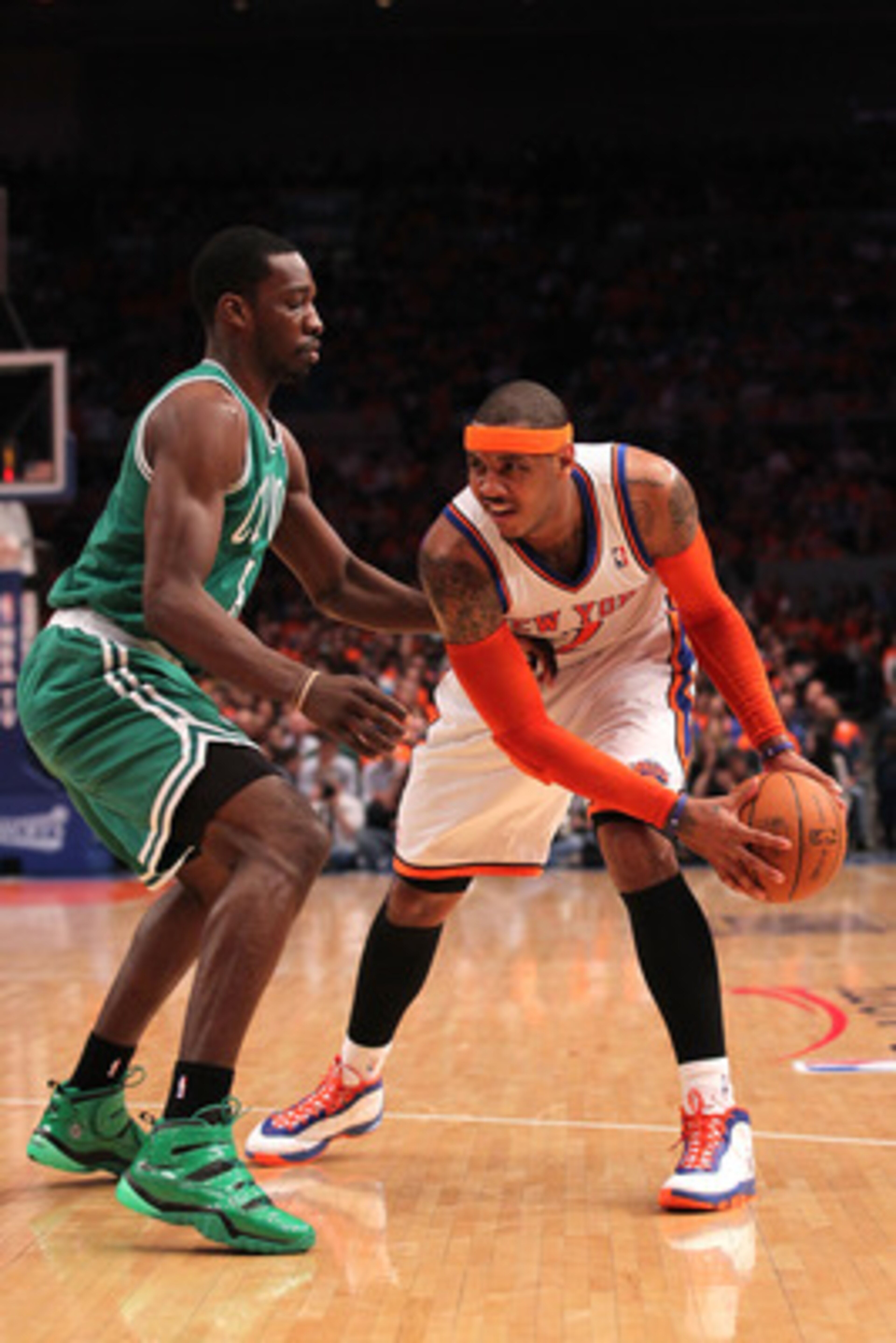 NEW YORK, NY - APRIL 24: Carmelo Anthony #7 of the New York Knicks looks to pass against Jeff Green #8 of the Boston Celtics in Game Four of the Eastern Conference Quarterfinals during the 2011 NBA Playoffs on April 24, 2011 at Madison Square Garden in N NEW YORK, NY - APRIL 24: Carmelo Anthony #7 of the New York Knicks looks to pass against Jeff Green #8 of the Boston Celtics in Game Four of the Eastern Conference Quarterfinals during the 2011 NBA Playoffs on April 24, 2011 at Madison Square Garden in N