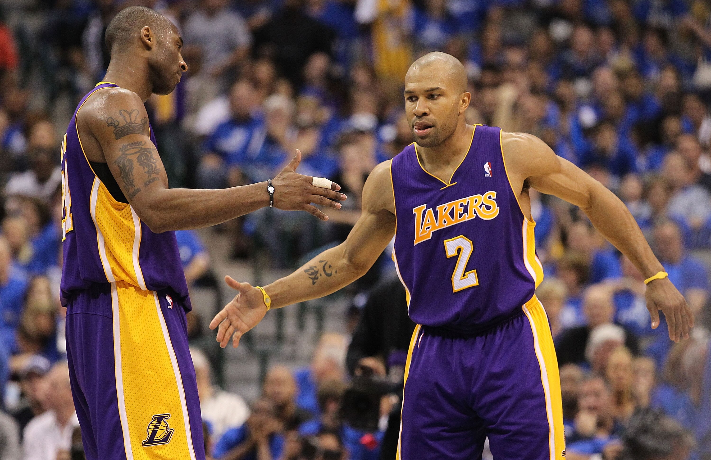 DALLAS, TX - MAY 06:  Guard Kobe Bryant #24 and Derek Fisher #2 of the Los Angeles Lakers react against the Dallas Mavericks in Game Three of the Western Conference Semifinals during the 2011 NBA Playoffs on May 6, 2011 at American Airlines Center in Dall