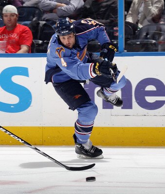 ATLANTA, GA - MARCH 27:  Zach Bogosian #4 of the Atlanta Thrashers skates against the Ottawa Senators at the Philips Arena on March 27, 2011 in Atlanta, Georgia. The Thrashers defeated the 5-4 in the shoot out.  (Photo by Bruce Bennett/Getty Images)