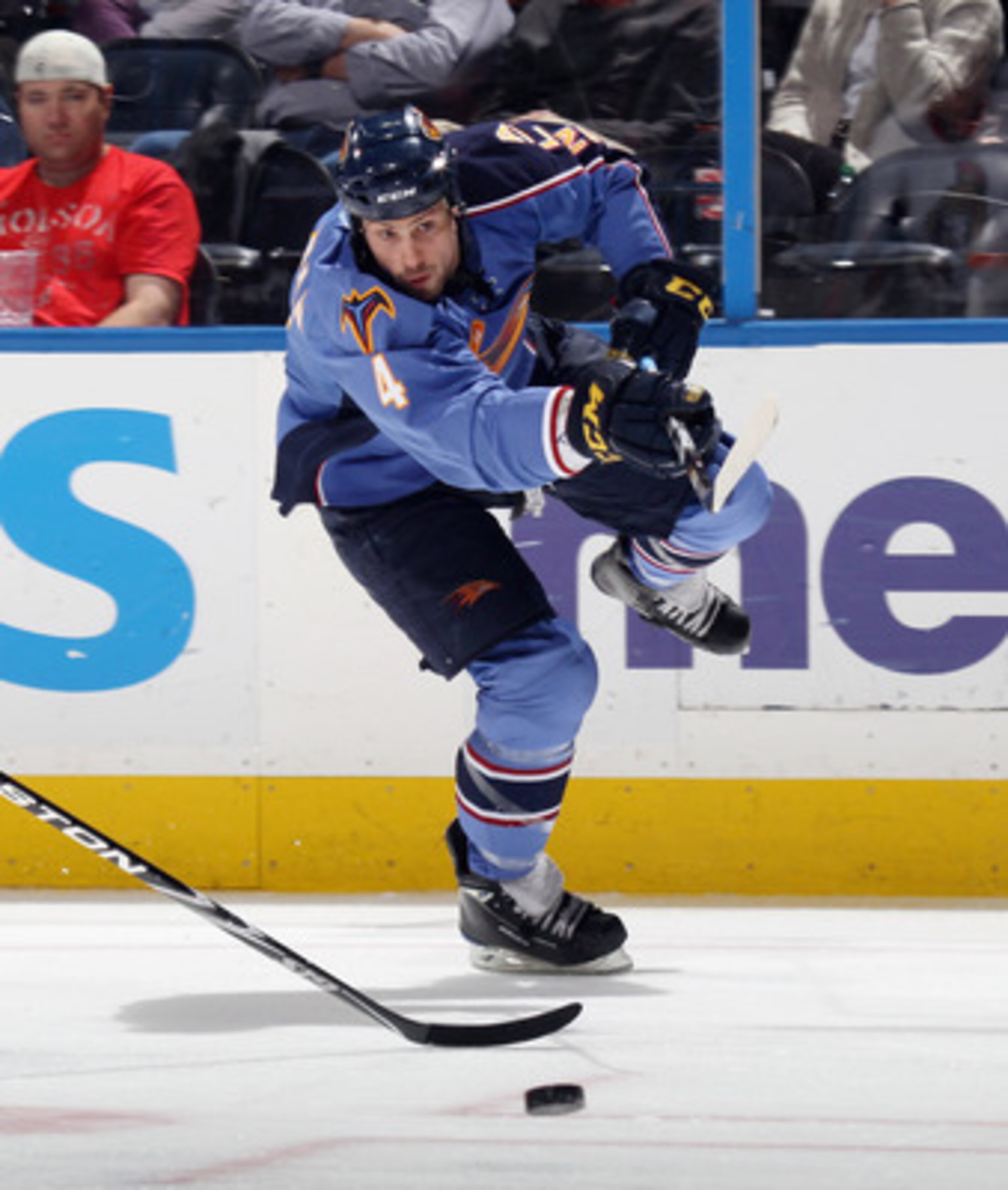 ATLANTA, GA - MARCH 27:  Zach Bogosian #4 of the Atlanta Thrashers skates against the Ottawa Senators at the Philips Arena on March 27, 2011 in Atlanta, Georgia. The Thrashers defeated the 5-4 in the shoot out.  (Photo by Bruce Bennett/Getty Images)