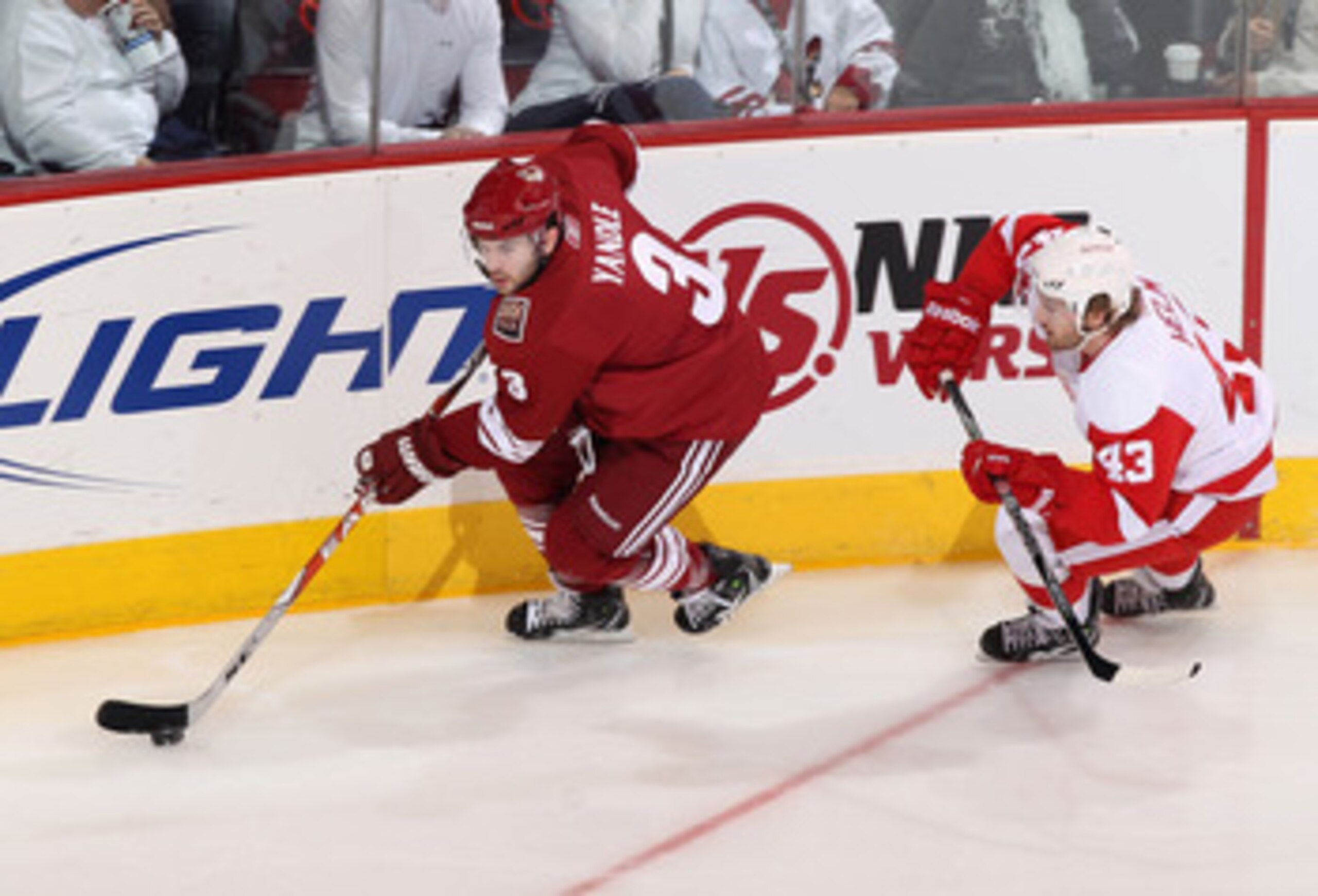 GLENDALE, AZ - APRIL 20: Keith Yandle #3 of the Phoenix Coyotes skates with the puck in Game Four of the Western Conference Quarterfinals against the Detroit Red Wings during the 2011 NHL Stanley Cup Playoffs at Jobing.com Arena on April 20, 2011 in Glen GLENDALE, AZ - APRIL 20: Keith Yandle #3 of the Phoenix Coyotes skates with the puck in Game Four of the Western Conference Quarterfinals against the Detroit Red Wings during the 2011 NHL Stanley Cup Playoffs at Jobing.com Arena on April 20, 2011 in Glen