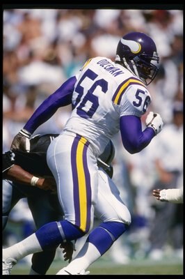 5 Sep 1993: Linebacker Chris Doleman of the Minnesota Vikings moves down the field during a game against the Los Angeles Raiders at the Los Angeles Memorial Coliseum in Los Angeles, California. The Raiders won the game, 24-7.