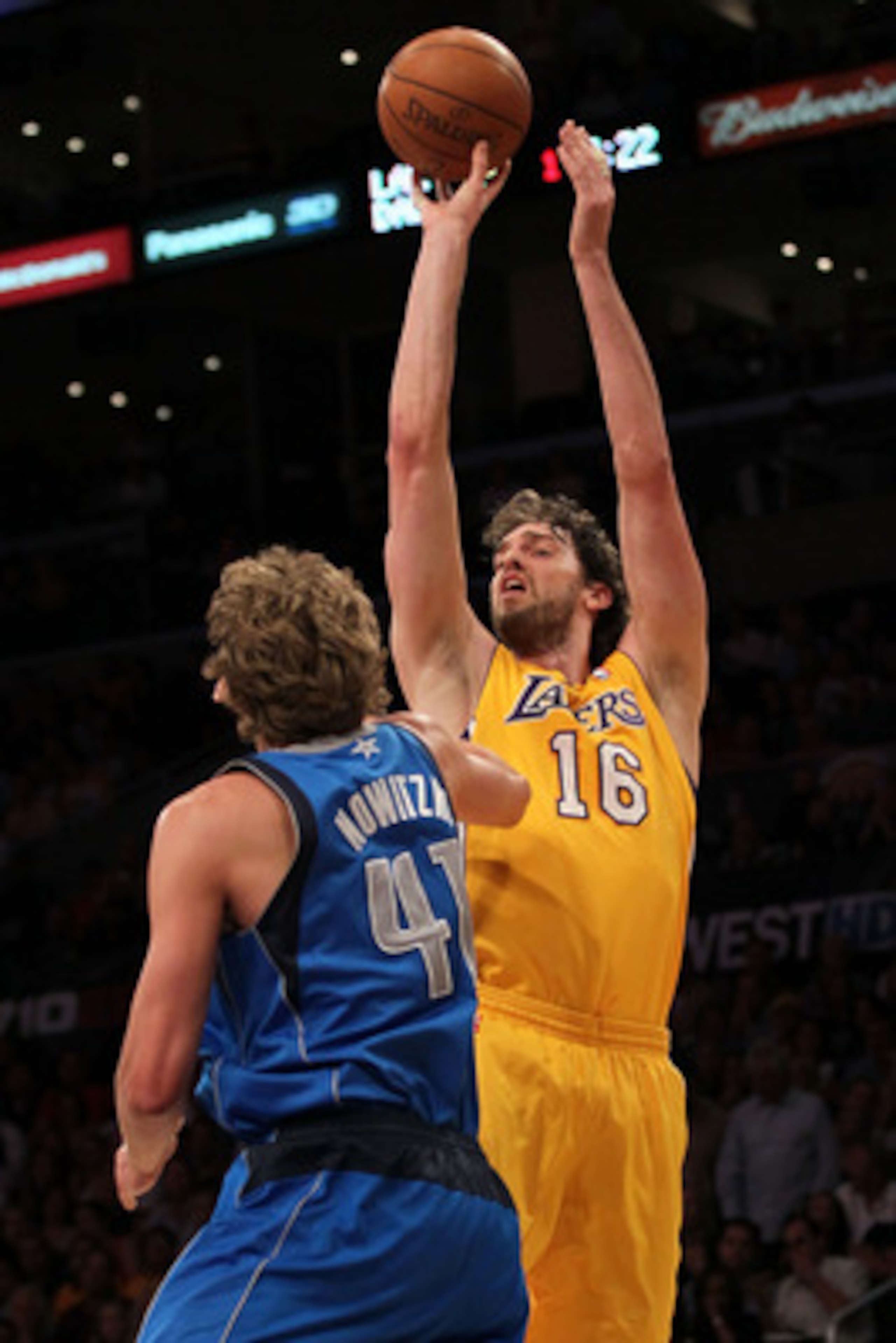 LOS ANGELES, CA - MAY 04: Pau Gasol #16 of the Los Angeles Lakers goes up for a shot against Dirk Nowitzki #41 of the Dallas Mavericks in the first quarter in Game Two of the Western Conference Semifinals in the 2011 NBA Playoffs at Staples Center on May LOS ANGELES, CA - MAY 04: Pau Gasol #16 of the Los Angeles Lakers goes up for a shot against Dirk Nowitzki #41 of the Dallas Mavericks in the first quarter in Game Two of the Western Conference Semifinals in the 2011 NBA Playoffs at Staples Center on May