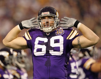 MINNEAPOLIS - SEPTEMBER 19:  Jared Allen #69 of the Minnesota Vikings in action during the game against  of the Miami Dolphins on September 19, 2010 at Hubert H. Humphrey Metrodome in Minneapolis, Minnesota.  (Photo by Jamie Squire/Getty Images)