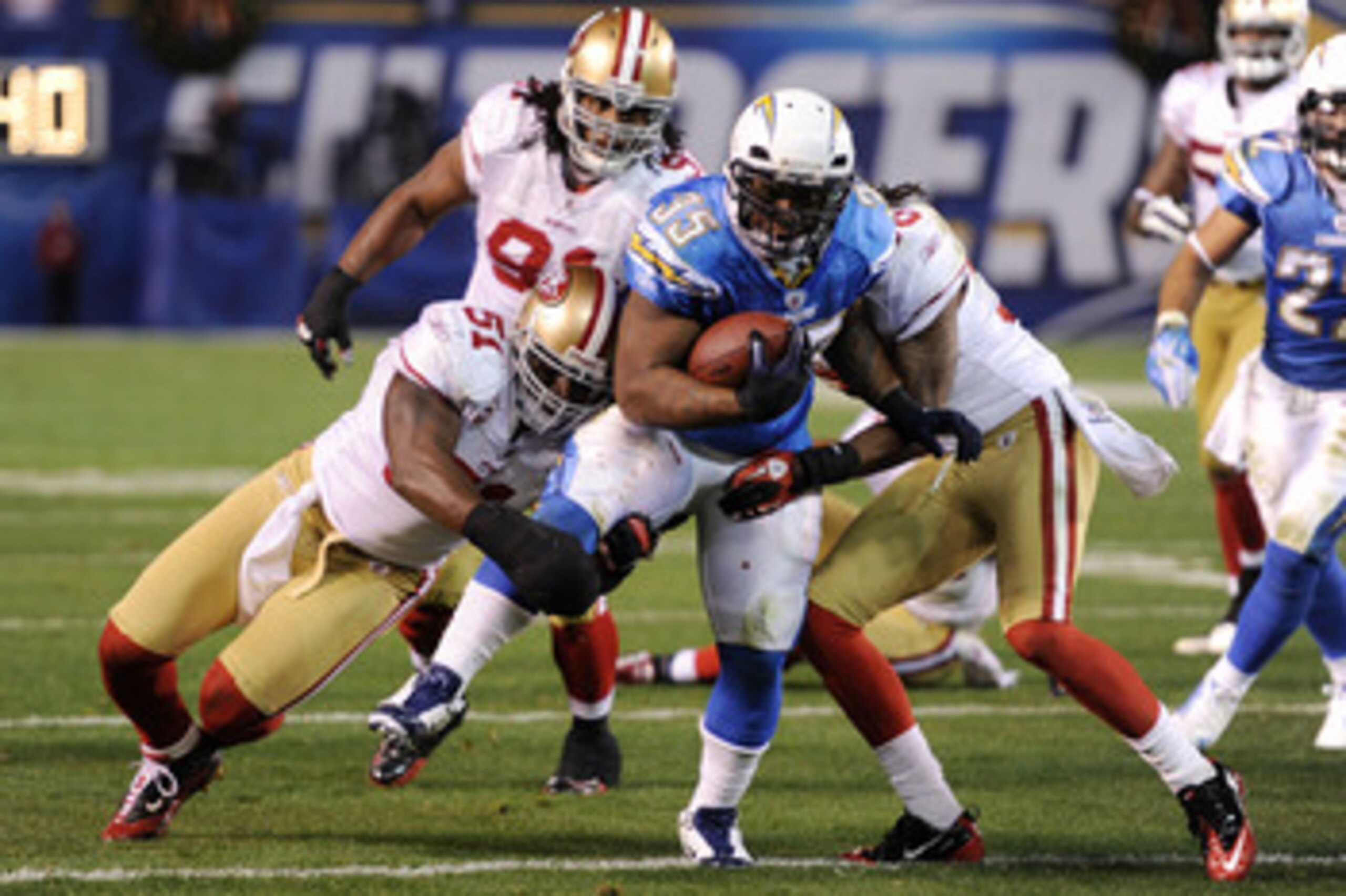 SAN DIEGO, CA - DECEMBER 16:  Running back Mike Tolbert #35 of the San Diego Chargers rushes with the ball against the San Francisco 49ers at Qualcomm Stadium on December 16, 2010 in San Diego, California.  (Photo by Harry How/Getty Images)