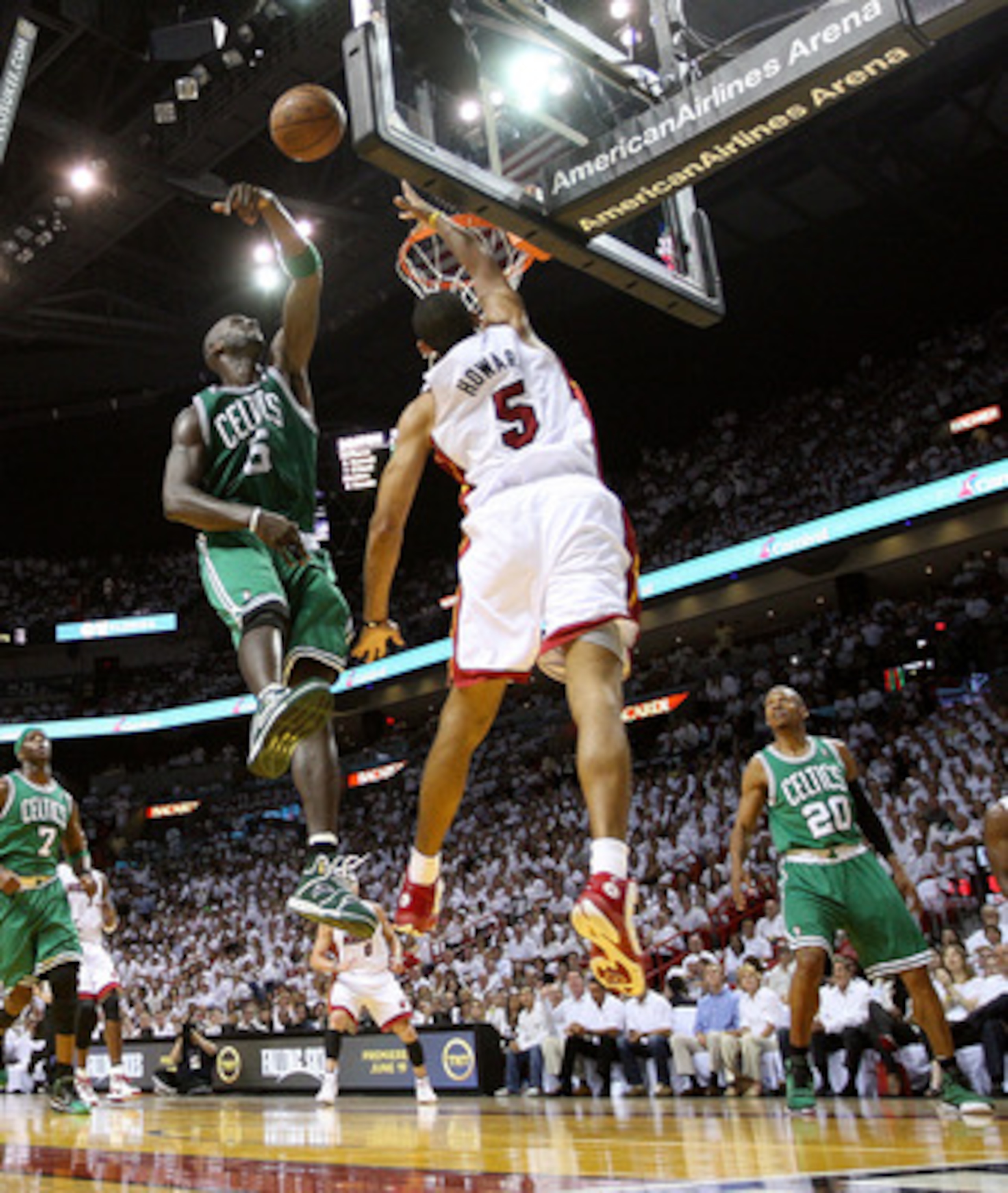 MIAMI, FL - MAY 11: Kevin Garnett #5 of the Boston Celtics blocks a shot from Juwan Howard #5 of the Miami Heat during Game Five of the Eastern Conference Semifinals of the 2011 NBA Playoffs at American Airlines Arena on May 11, 2011 in Miami, Florida. N MIAMI, FL - MAY 11: Kevin Garnett #5 of the Boston Celtics blocks a shot from Juwan Howard #5 of the Miami Heat during Game Five of the Eastern Conference Semifinals of the 2011 NBA Playoffs at American Airlines Arena on May 11, 2011 in Miami, Florida. N