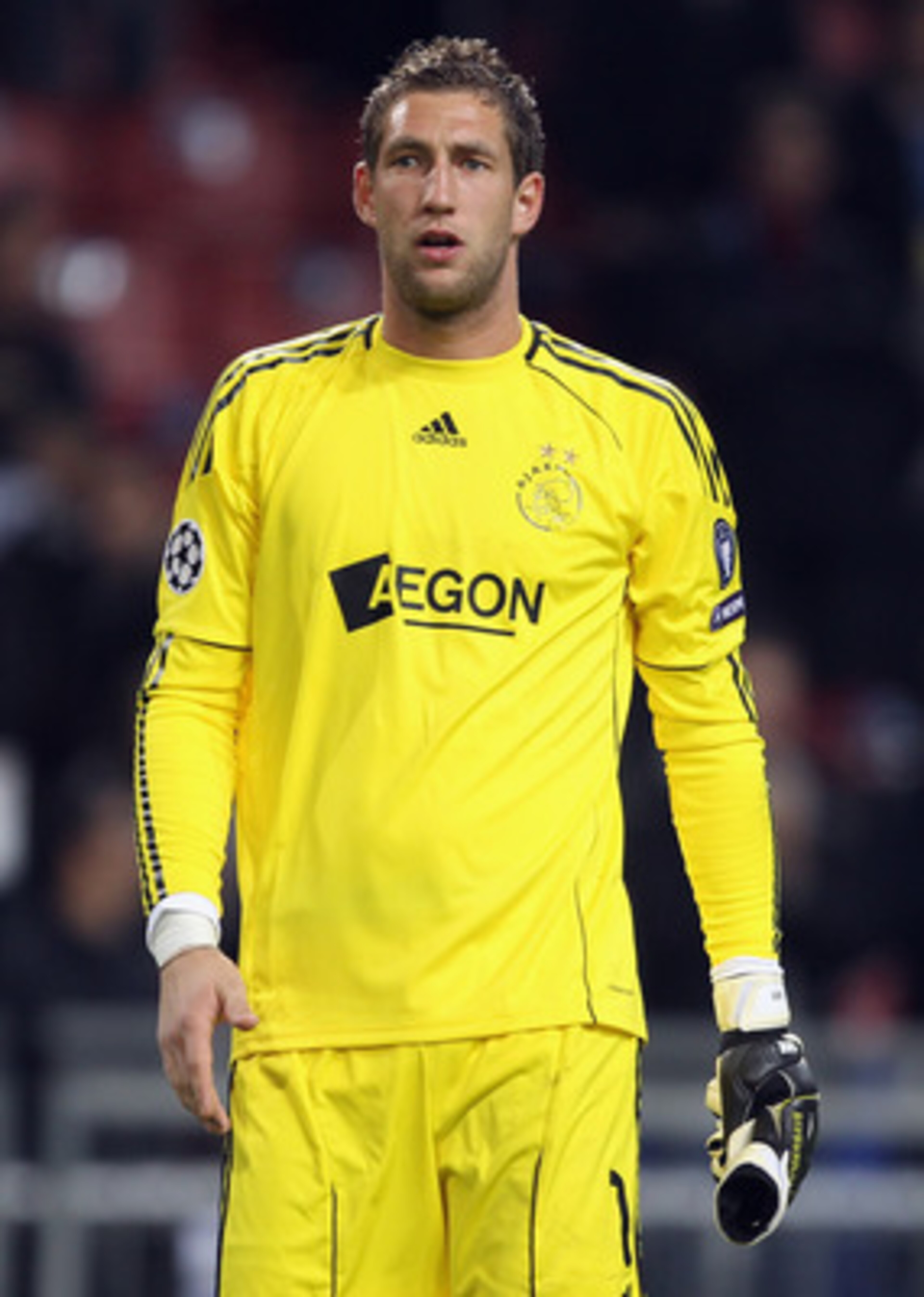 AMSTERDAM, NETHERLANDS - OCTOBER 19: AFC Ajax goalkeeper Maarten Stekelenburg looks on during the UEFA Champions League Group G match between AFC Ajax and AJ Auxerre at the Amsterdam ArenA on October 19, 2010 in Amsterdam, Netherlands.  (Photo by Bryn Len